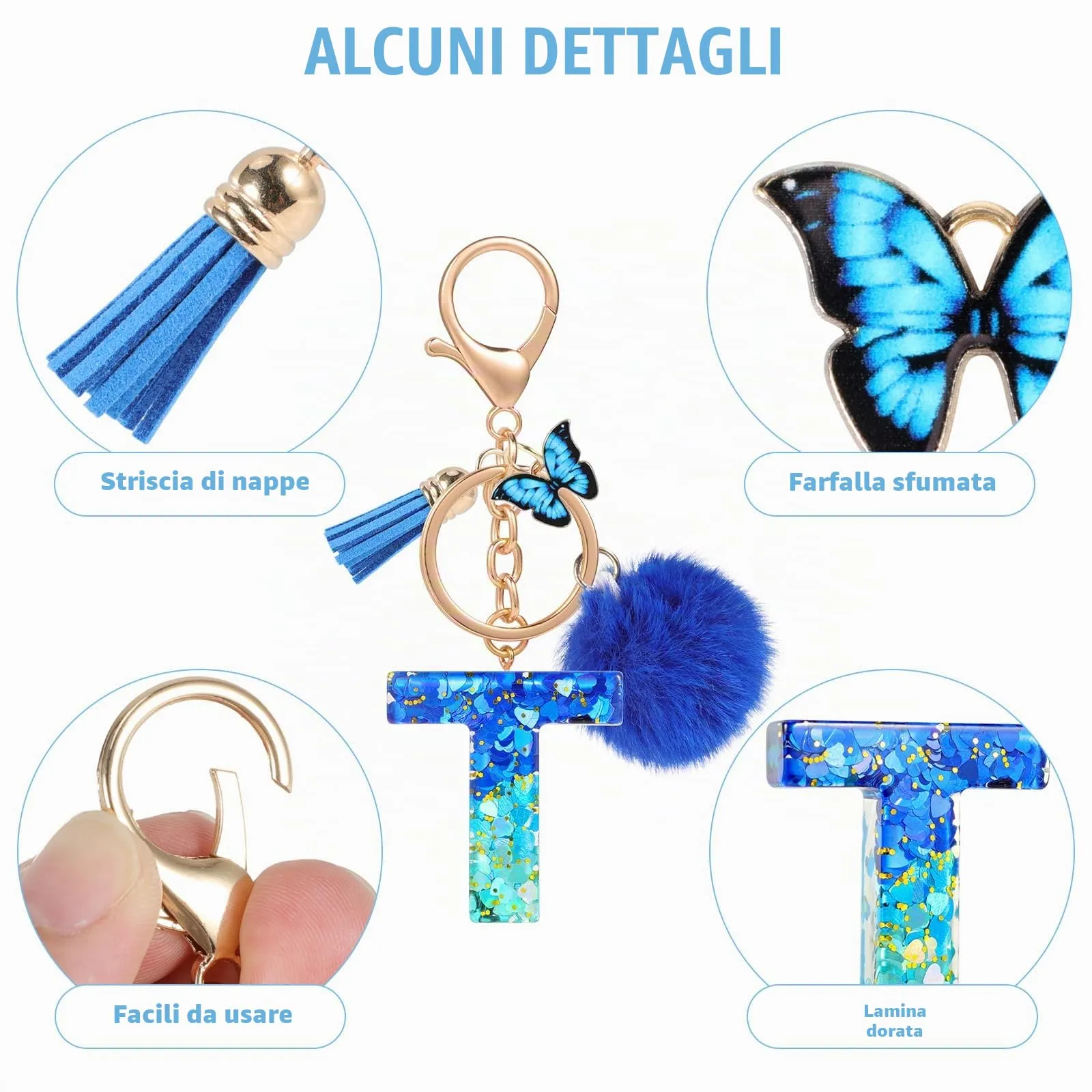 MWOOT Nome Lettera iniziale T Portachiavi, Blu Portachiavi per auto per donne, Ciondoli in Resina per Chiave della Porta Chiavi della Macchina Decorazione della Borsa - immagine 4