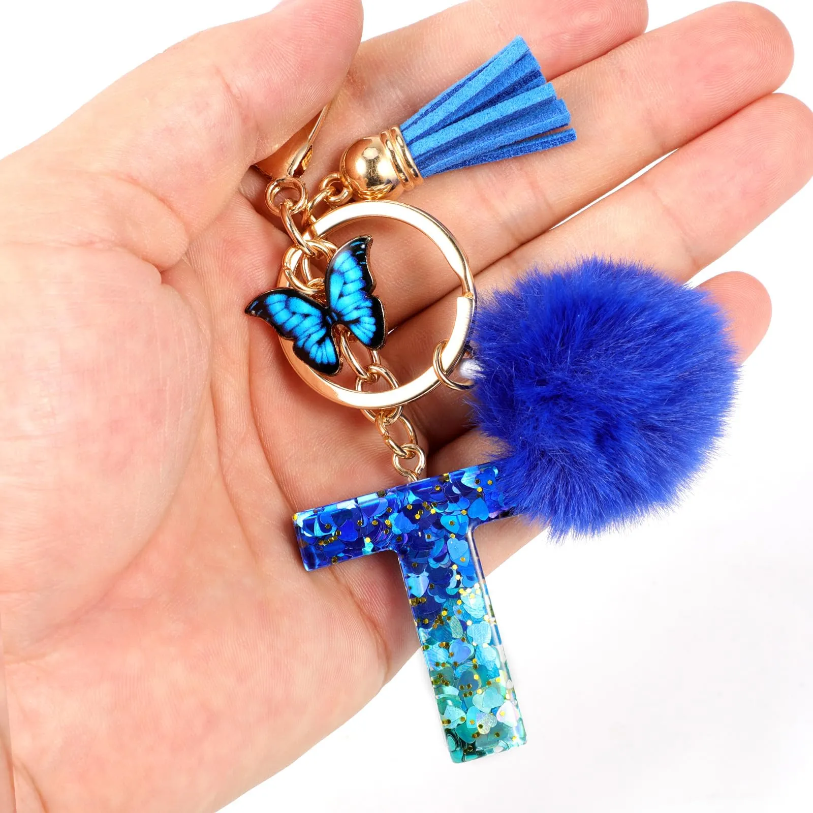 MWOOT Nome Lettera iniziale T Portachiavi, Blu Portachiavi per auto per donne, Ciondoli in Resina per Chiave della Porta Chiavi della Macchina Decorazione della Borsa - immagine 5
