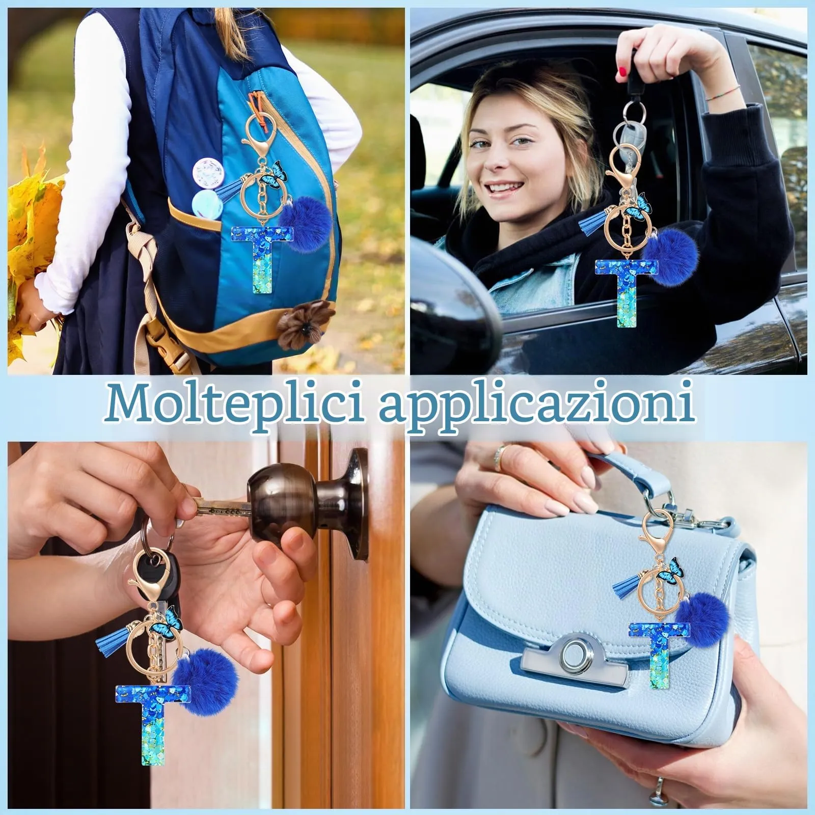 MWOOT Nome Lettera iniziale T Portachiavi, Blu Portachiavi per auto per donne, Ciondoli in Resina per Chiave della Porta Chiavi della Macchina Decorazione della Borsa - immagine 7