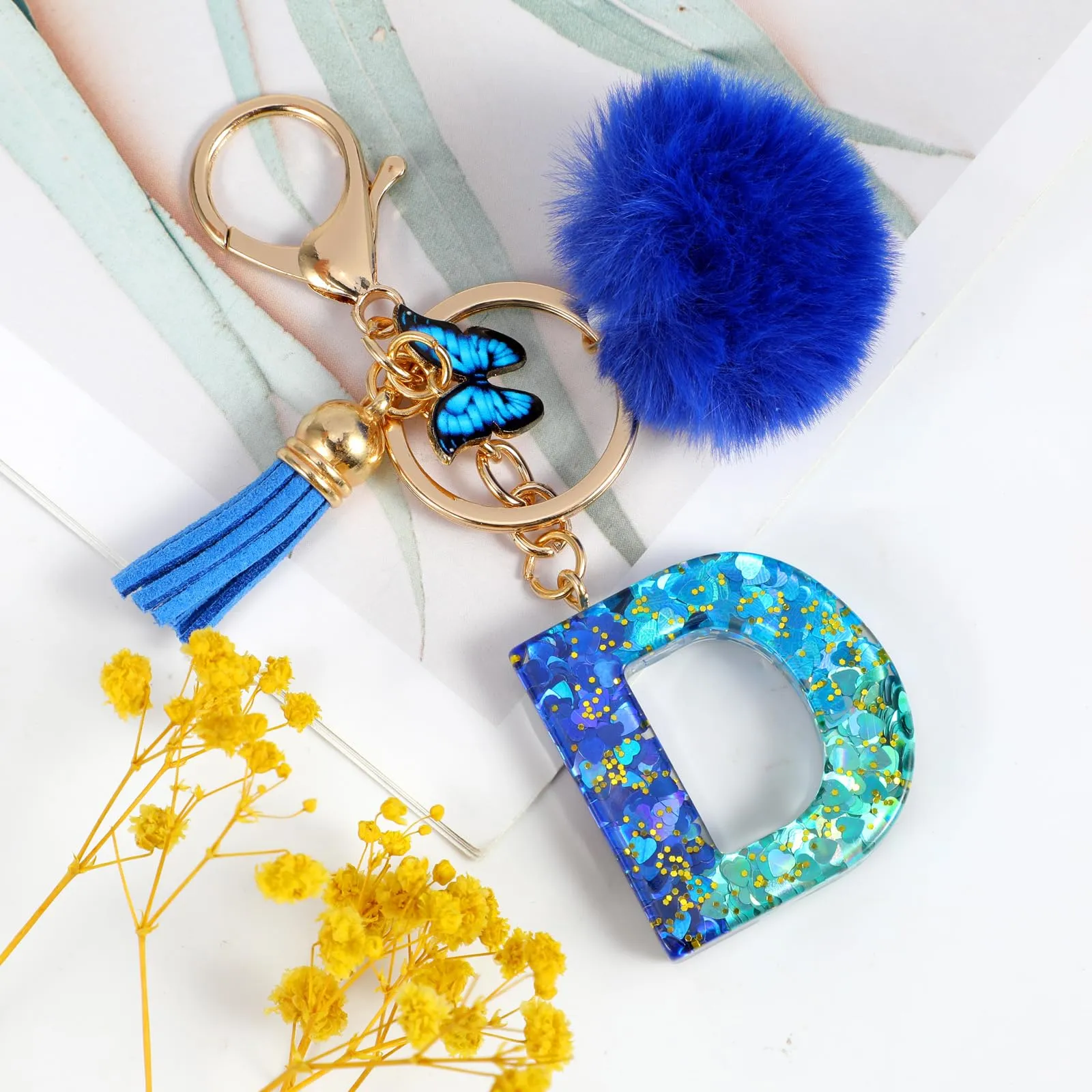 MWOOT Nome Lettera iniziale D Portachiavi, Blu Portachiavi per auto per donne, Ciondoli in Resina per Chiave della Porta Chiavi della Macchina Decorazione della Borsa - immagine 2