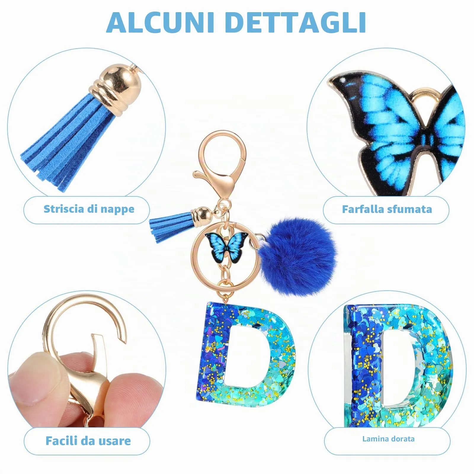 MWOOT Nome Lettera iniziale D Portachiavi, Blu Portachiavi per auto per donne, Ciondoli in Resina per Chiave della Porta Chiavi della Macchina Decorazione della Borsa - immagine 4