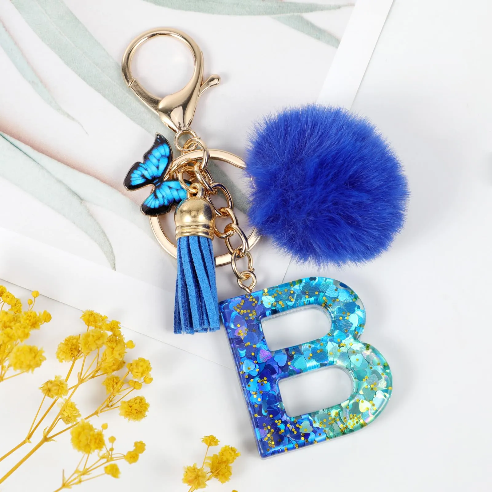 MWOOT Nome Lettera iniziale B Portachiavi, Blu Portachiavi per auto per donne, Ciondoli in Resina per Chiave della Porta Chiavi della Macchina Decorazione della Borsa - immagine 2