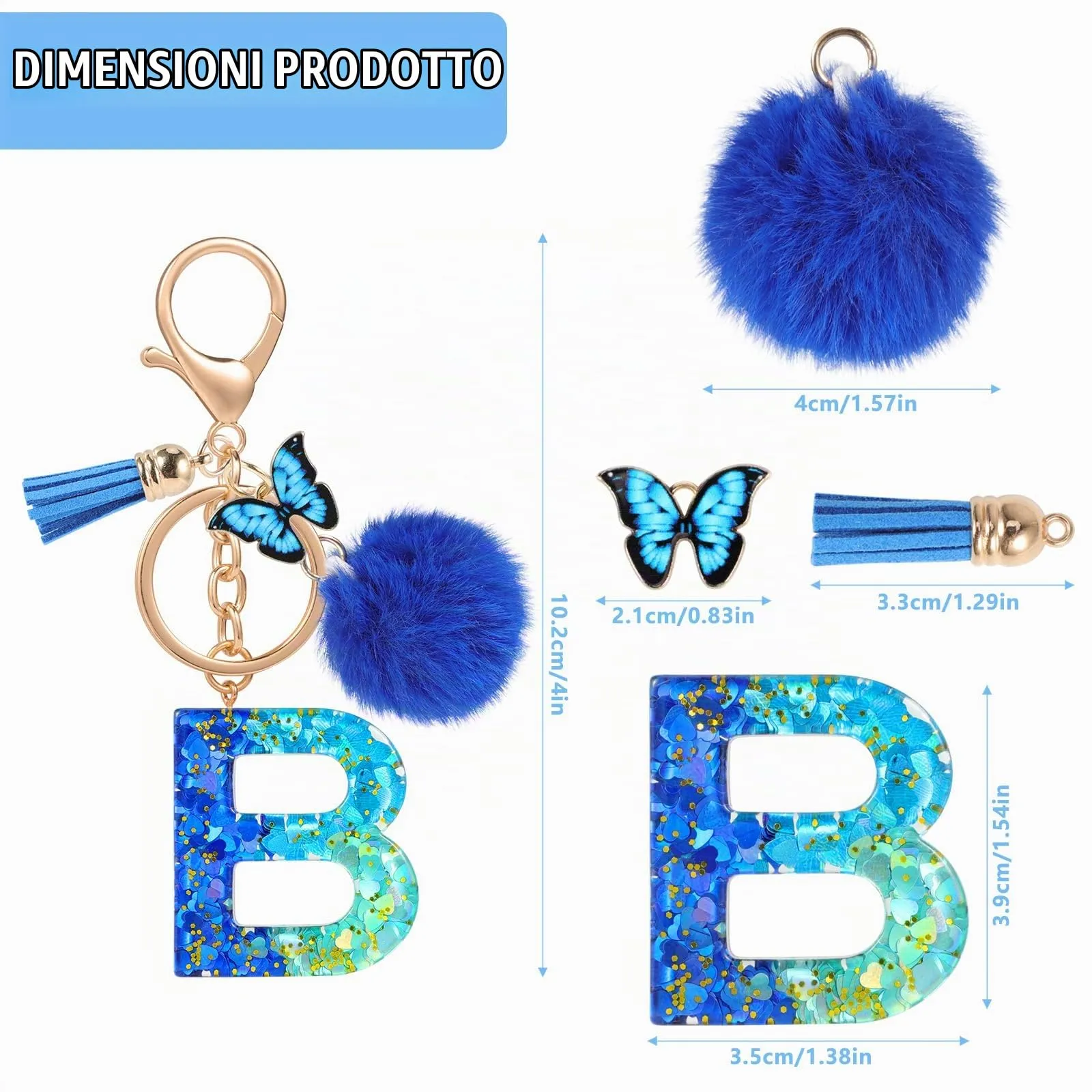 MWOOT Nome Lettera iniziale B Portachiavi, Blu Portachiavi per auto per donne, Ciondoli in Resina per Chiave della Porta Chiavi della Macchina Decorazione della Borsa - immagine 3