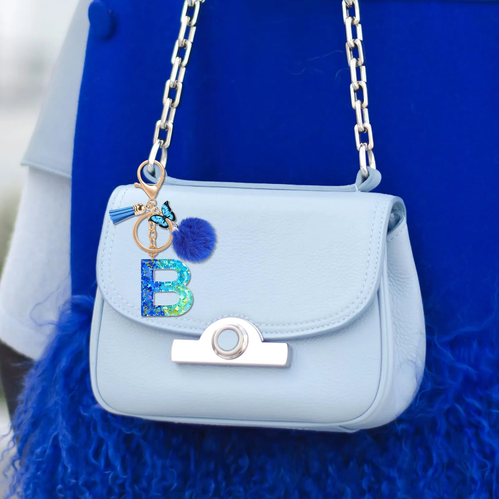 MWOOT Nome Lettera iniziale B Portachiavi, Blu Portachiavi per auto per donne, Ciondoli in Resina per Chiave della Porta Chiavi della Macchina Decorazione della Borsa - immagine 6