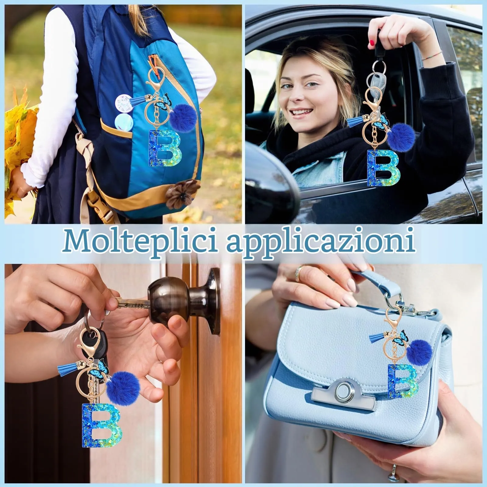MWOOT Nome Lettera iniziale B Portachiavi, Blu Portachiavi per auto per donne, Ciondoli in Resina per Chiave della Porta Chiavi della Macchina Decorazione della Borsa - immagine 7