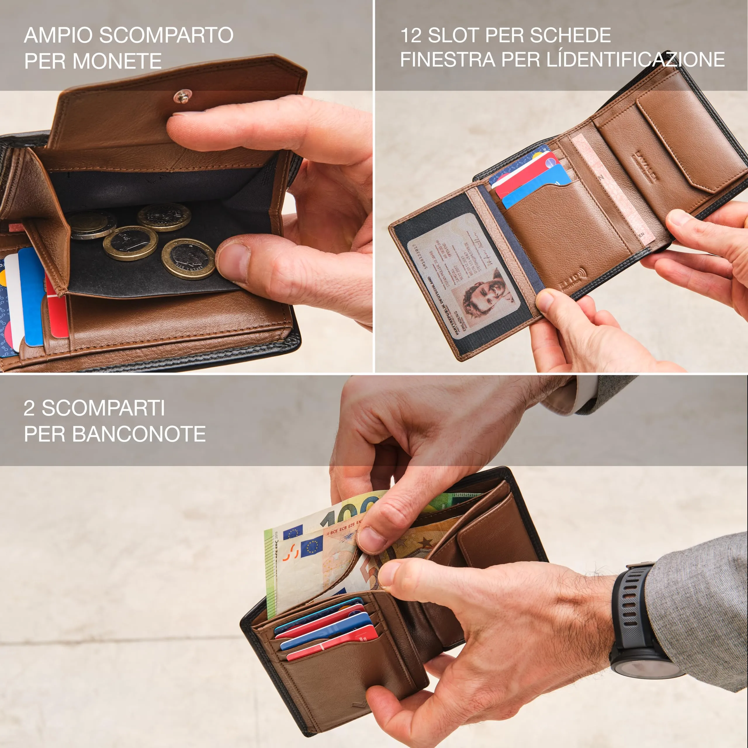 Portafoglio Verticale Uomo Slim Vera Pelle RFID Porta Carte Portamonete - immagine 3