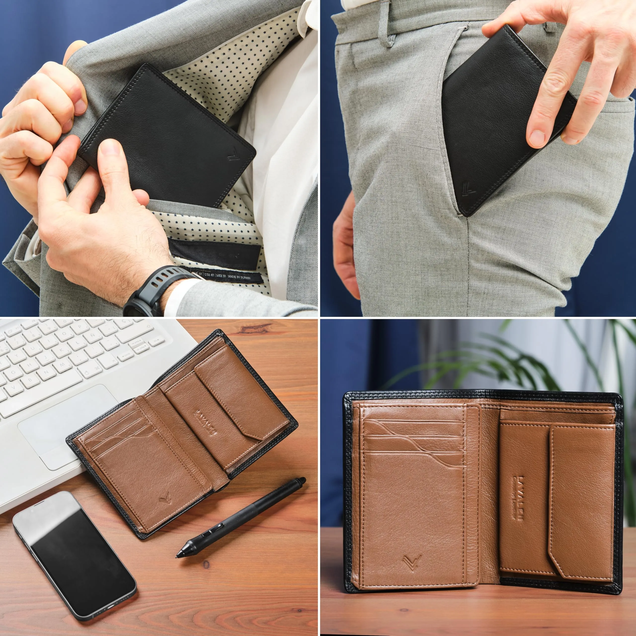 Portafoglio Verticale Uomo Slim Vera Pelle RFID Porta Carte Portamonete - immagine 5