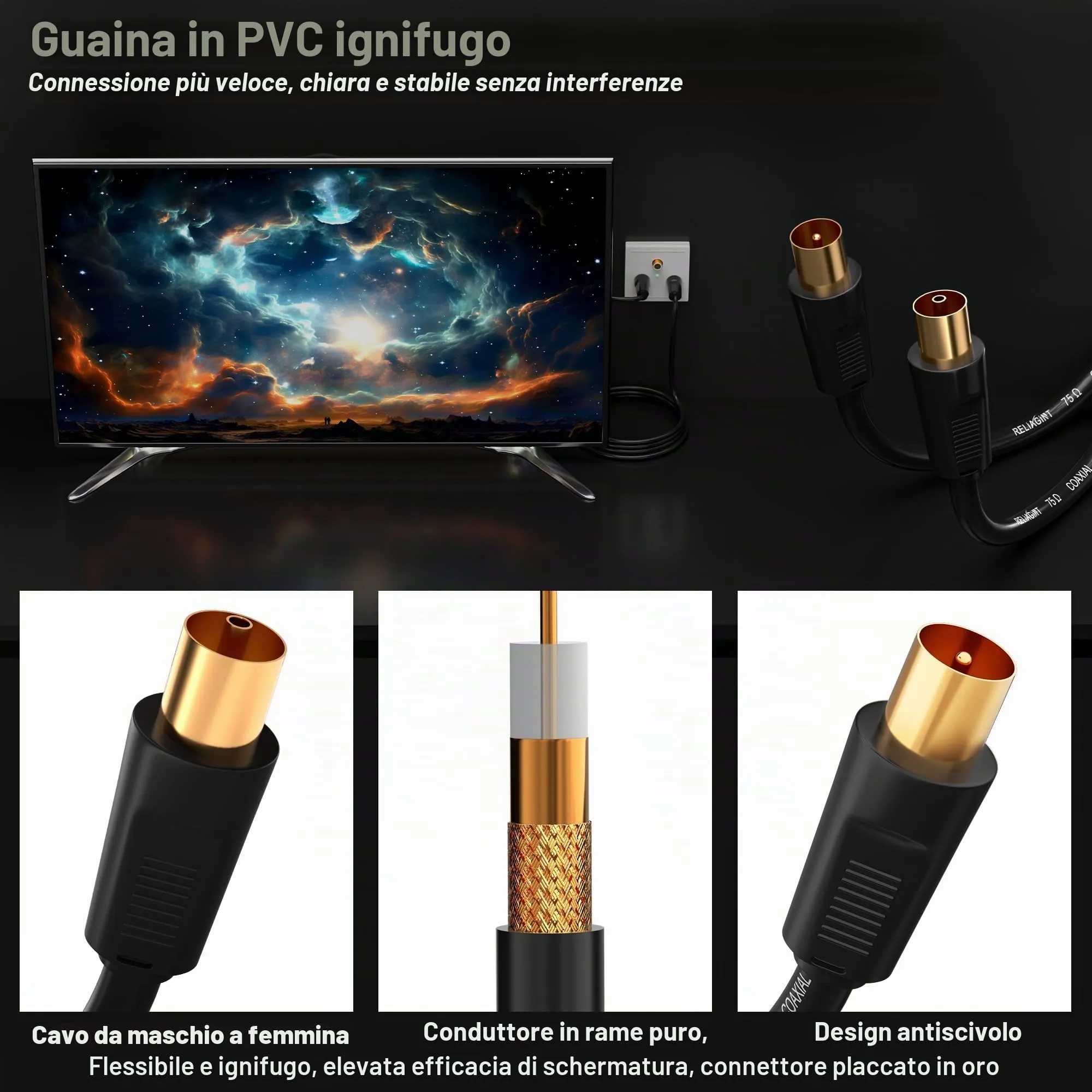 RELIAGINT RL Flex Cavo antenna TV 0.5m, prolunga coassiale maschio/femmina 75 ohm, conduttore in rame puro, per digitale terrestre, TV via cavo e satellitare (DVB-T/T2/C/S/S2), Nero - immagine 7