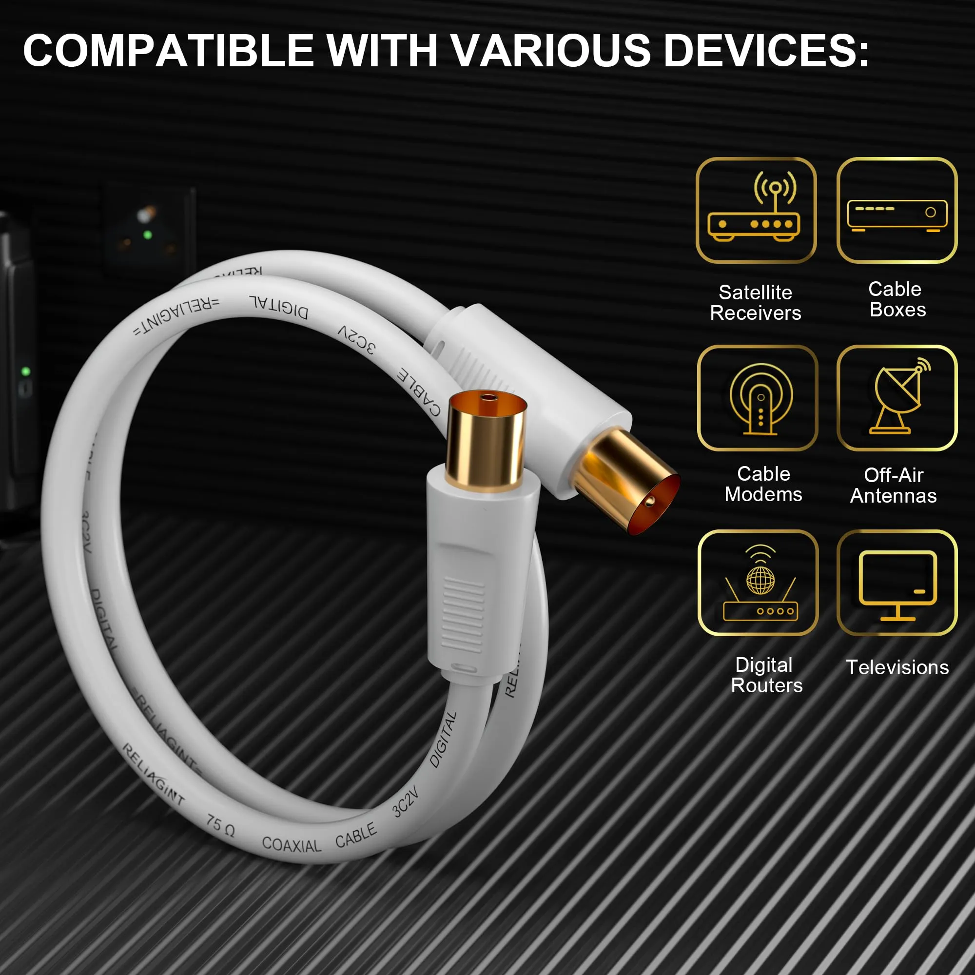 RELIAGINT RL Flex Cavo antenna TV 1.5m, prolunga coassiale maschio/femmina 75 ohm, conduttore in rame puro, per digitale terrestre, TV via cavo e satellitare (DVB-T/T2/C/S/S2), Bianco - immagine 2