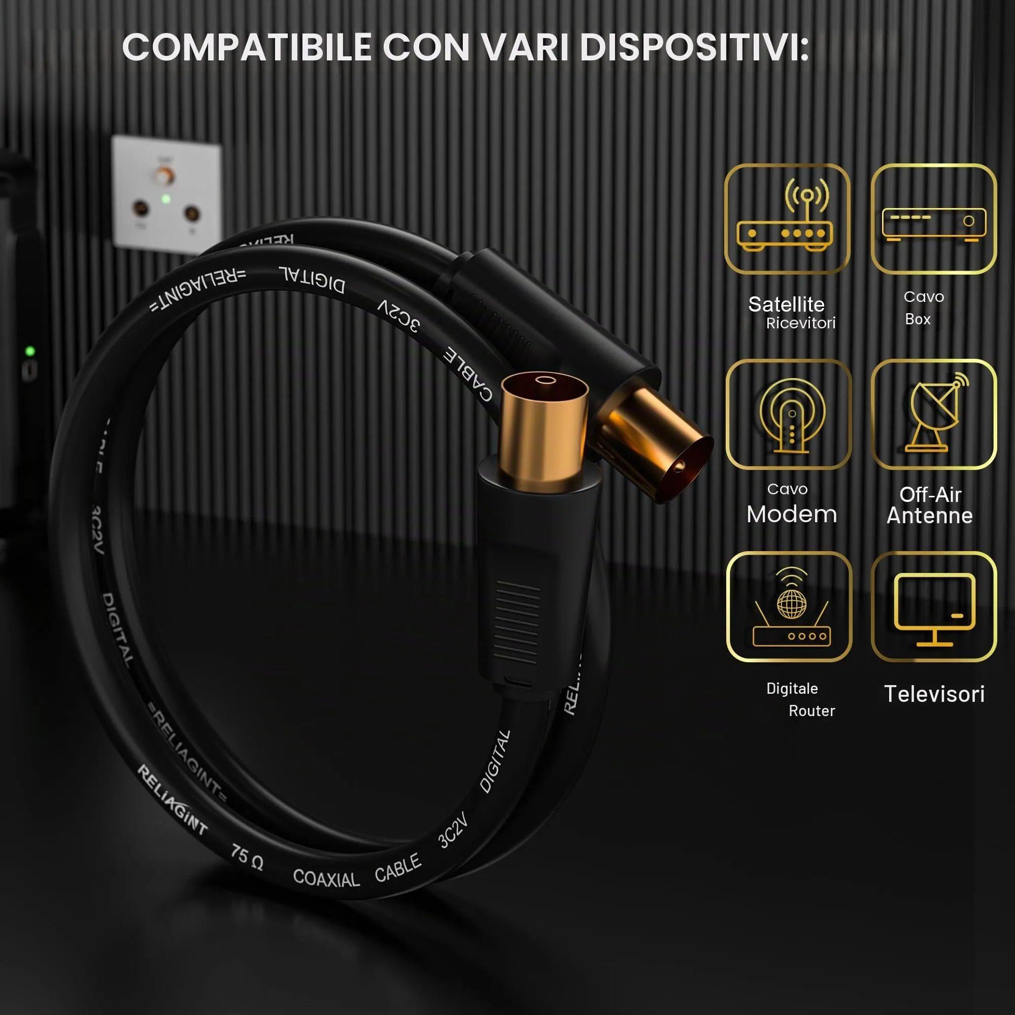RELIAGINT RL Flex Cavo antenna TV 1.5m, prolunga coassiale maschio/femmina 75 ohm, conduttore in rame puro, per digitale terrestre, TV via cavo e satellitare (DVB-T/T2/C/S/S2), Nero - immagine 2