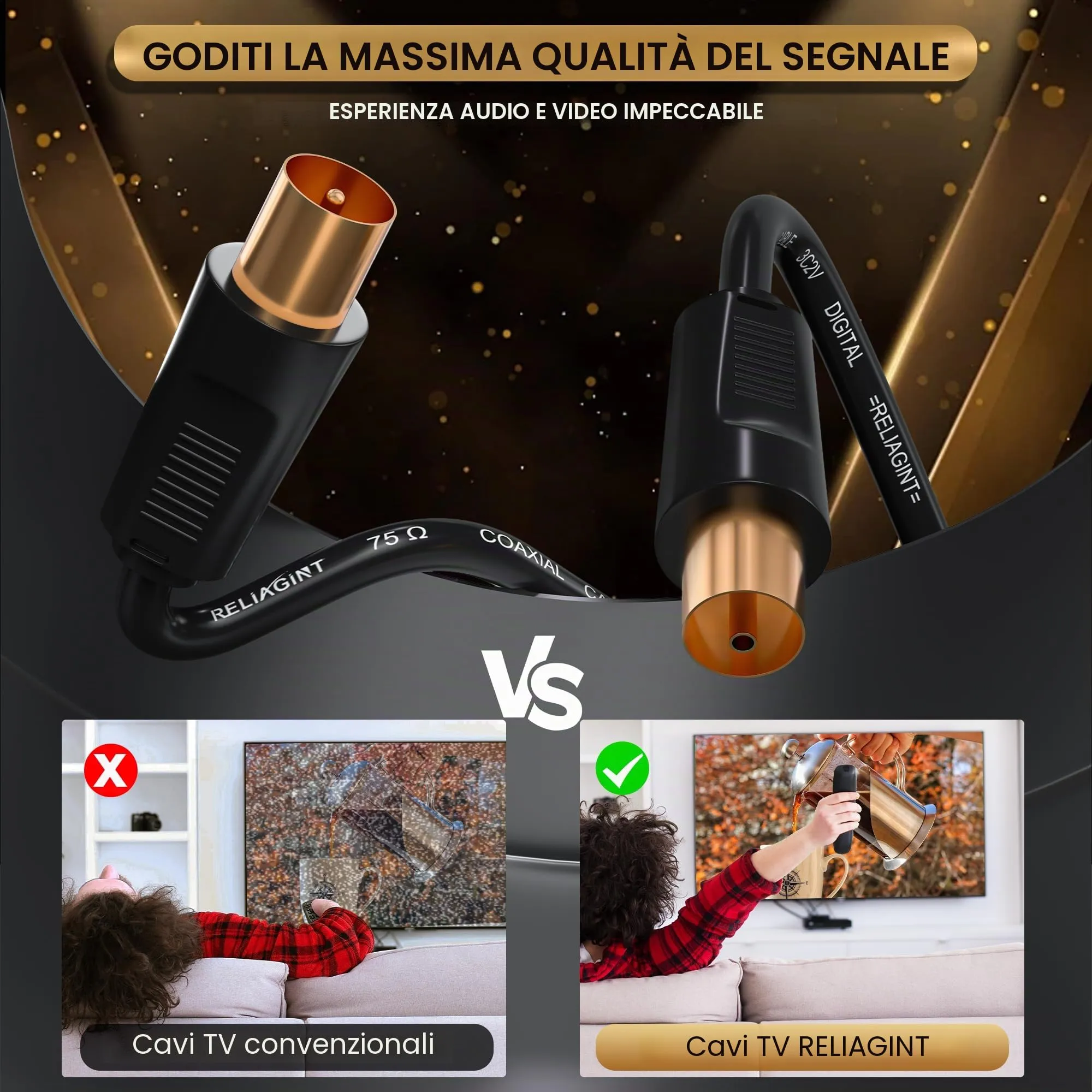 RELIAGINT RL Flex Cavo antenna TV 10m, prolunga coassiale maschio/femmina 75 ohm, conduttore in rame puro, per digitale terrestre, TV via cavo e satellitare (DVB-T/T2/C/S/S2), Nero - immagine 6