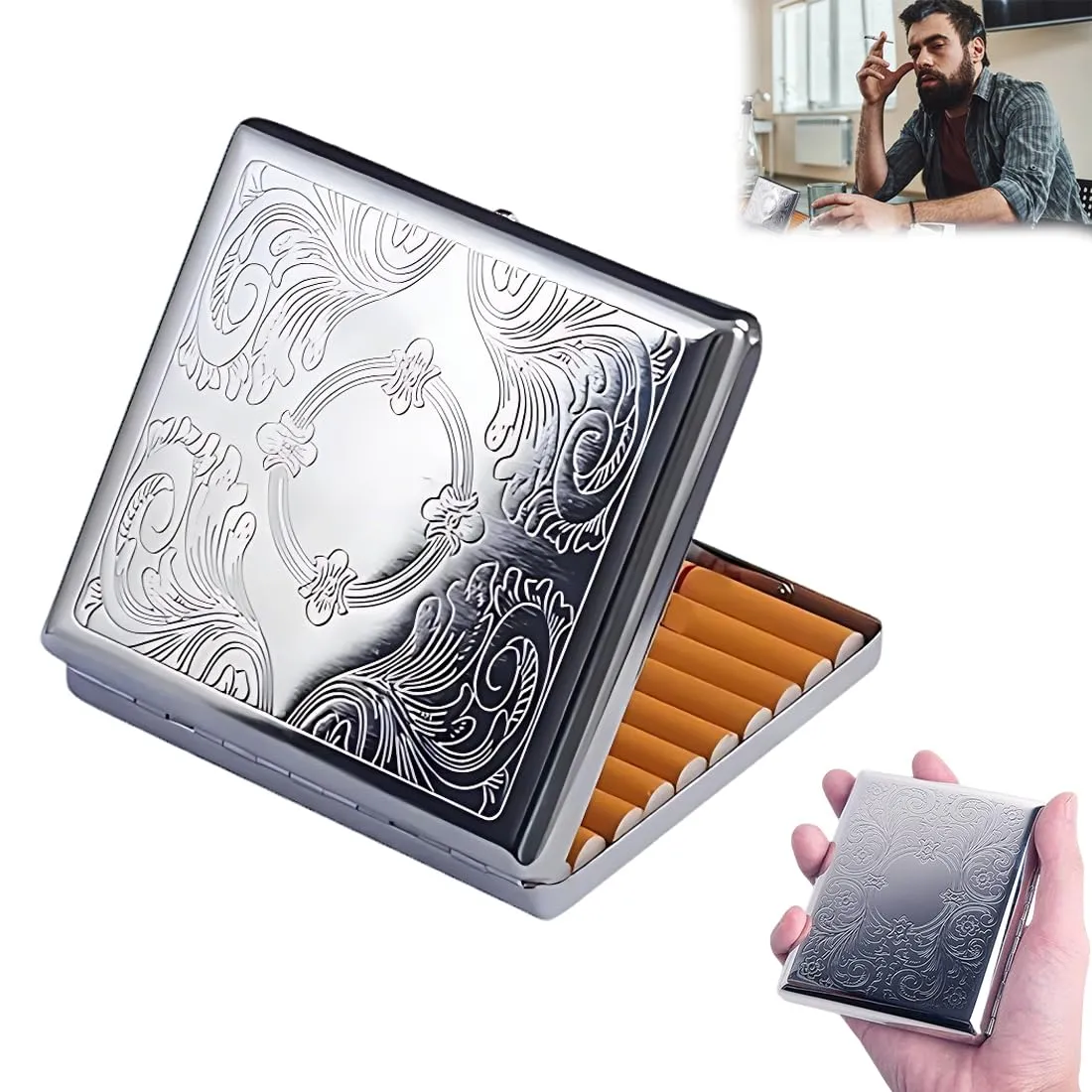 LAKJUOZ 1 Pezzo Portasigarette In Metallo Argento Custodia Per Pacchetto Di Sigarette Portasigarette Per 20 Sigarette Da Regular Sottile Porta Sigarette Leggero Extra Astuccio Per Uomo E Donna - immagine 1