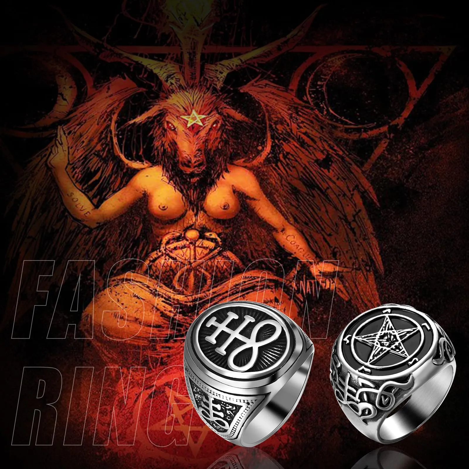 OIDEA Anello Baphomet Lucifero Satan: Anello Satanico con Testa di Capra e Pentagramma Gioiello Gotico in Acciaio Inossidabile - Regalo Battesimo Uomo Donna Argento Misura 30 - immagine 4