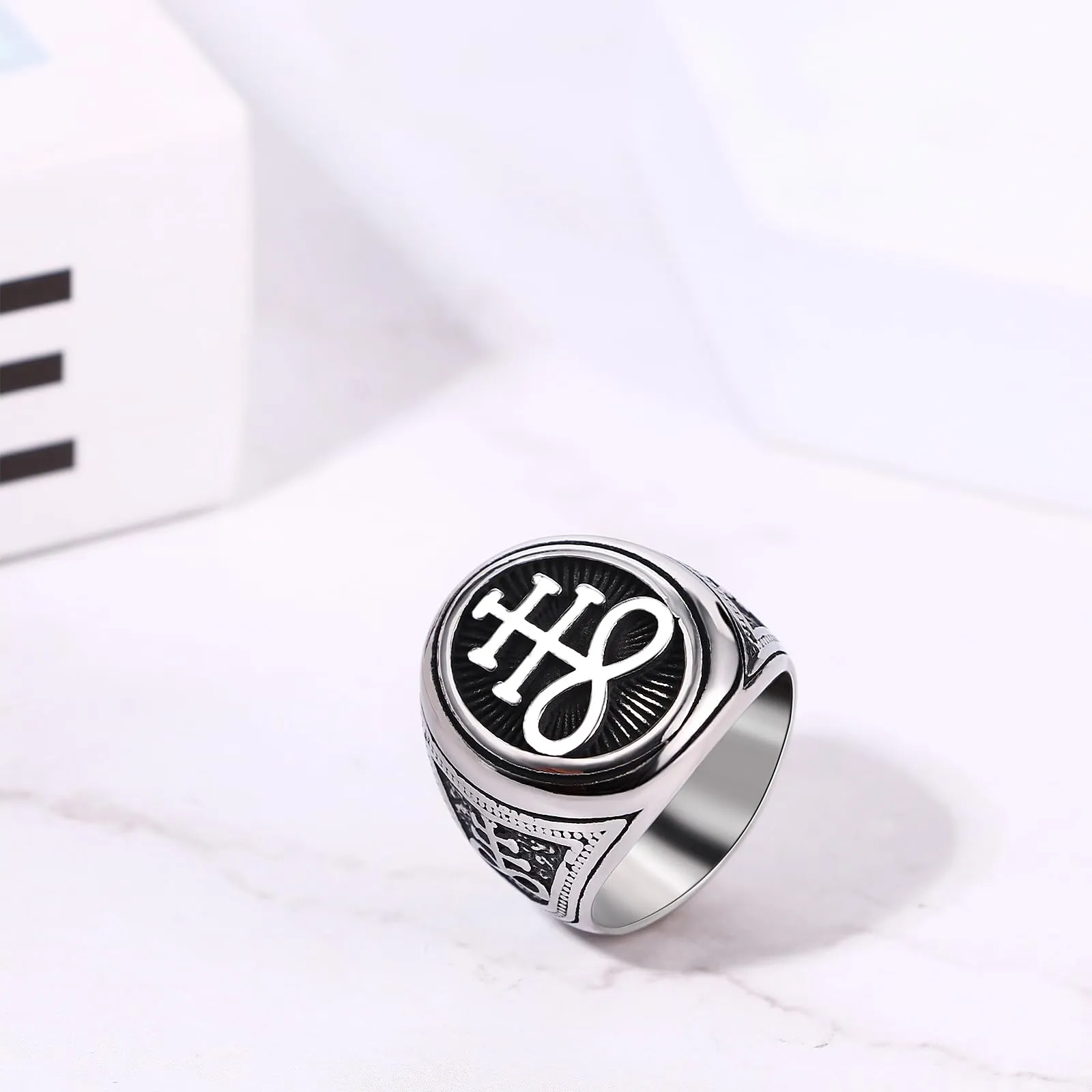 OIDEA Anello Baphomet Lucifero Satan: Anello Satanico con Testa di Capra e Pentagramma Gioiello Gotico in Acciaio Inossidabile - Regalo Battesimo Uomo Donna Argento Misura 27 - immagine 6