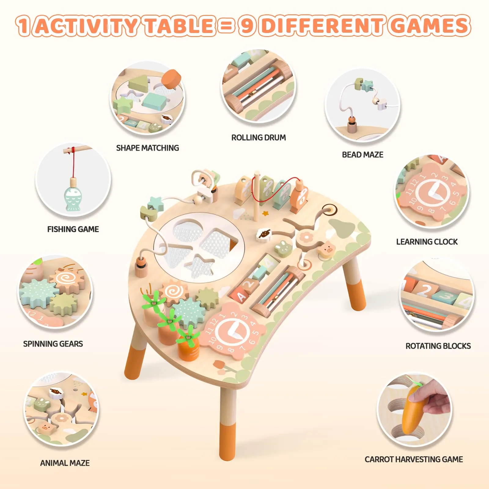 Tavolo Multiattività Montessori 1 Anno, Giochi Bambini Legno 9 in 1 Regalo - immagine 2