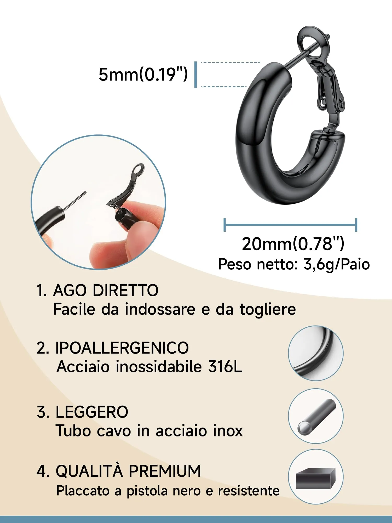 PROSTEEL Orecchini a Cerchio, 20MM, Orecchini Donna Nero, Combinazioni di Impilamento, Chiusura Minimalista Linee Morbide, con Confezione Regalo - immagine 2