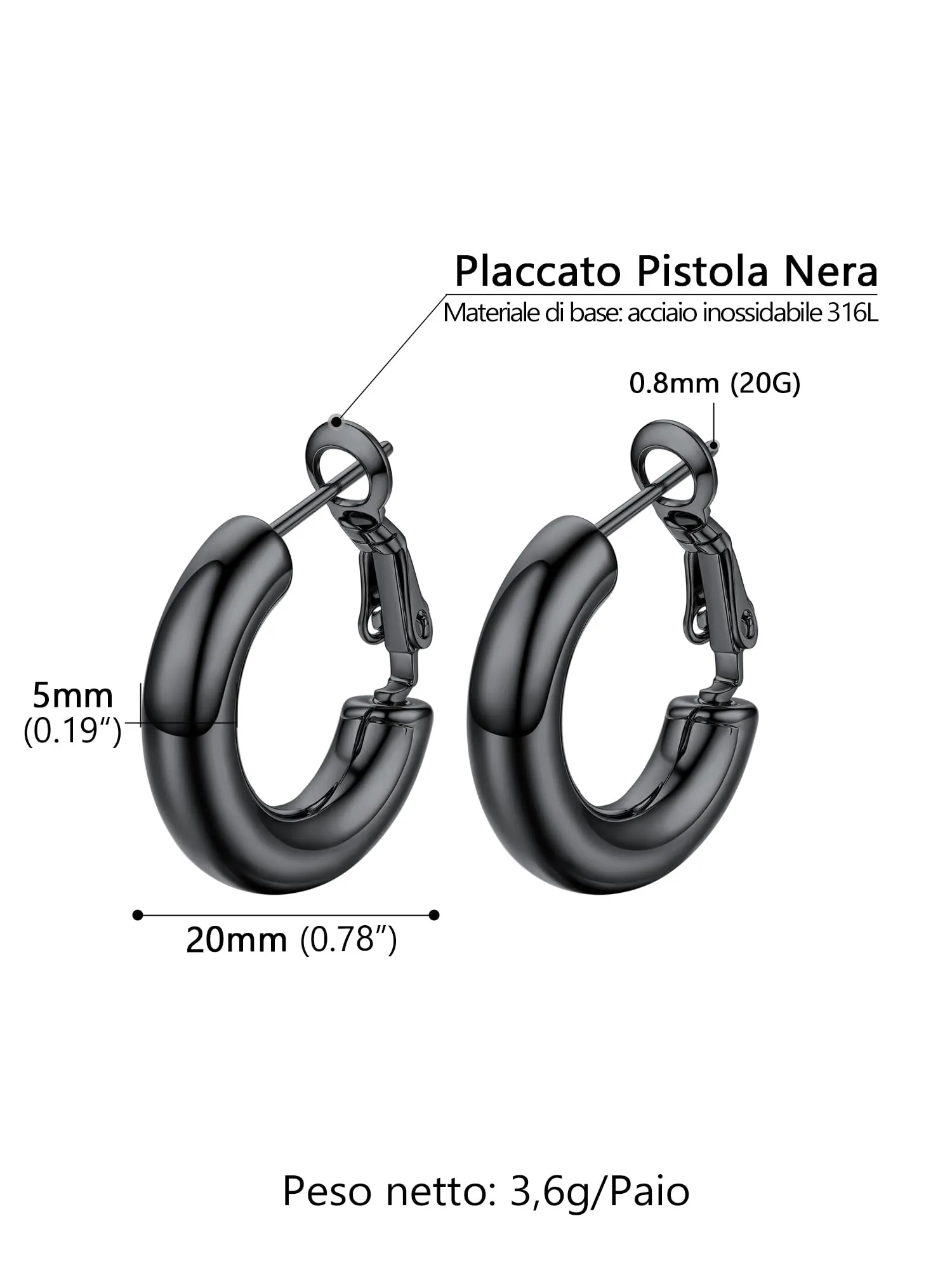 PROSTEEL Orecchini a Cerchio, 20MM, Orecchini Donna Nero, Combinazioni di Impilamento, Chiusura Minimalista Linee Morbide, con Confezione Regalo - immagine 3