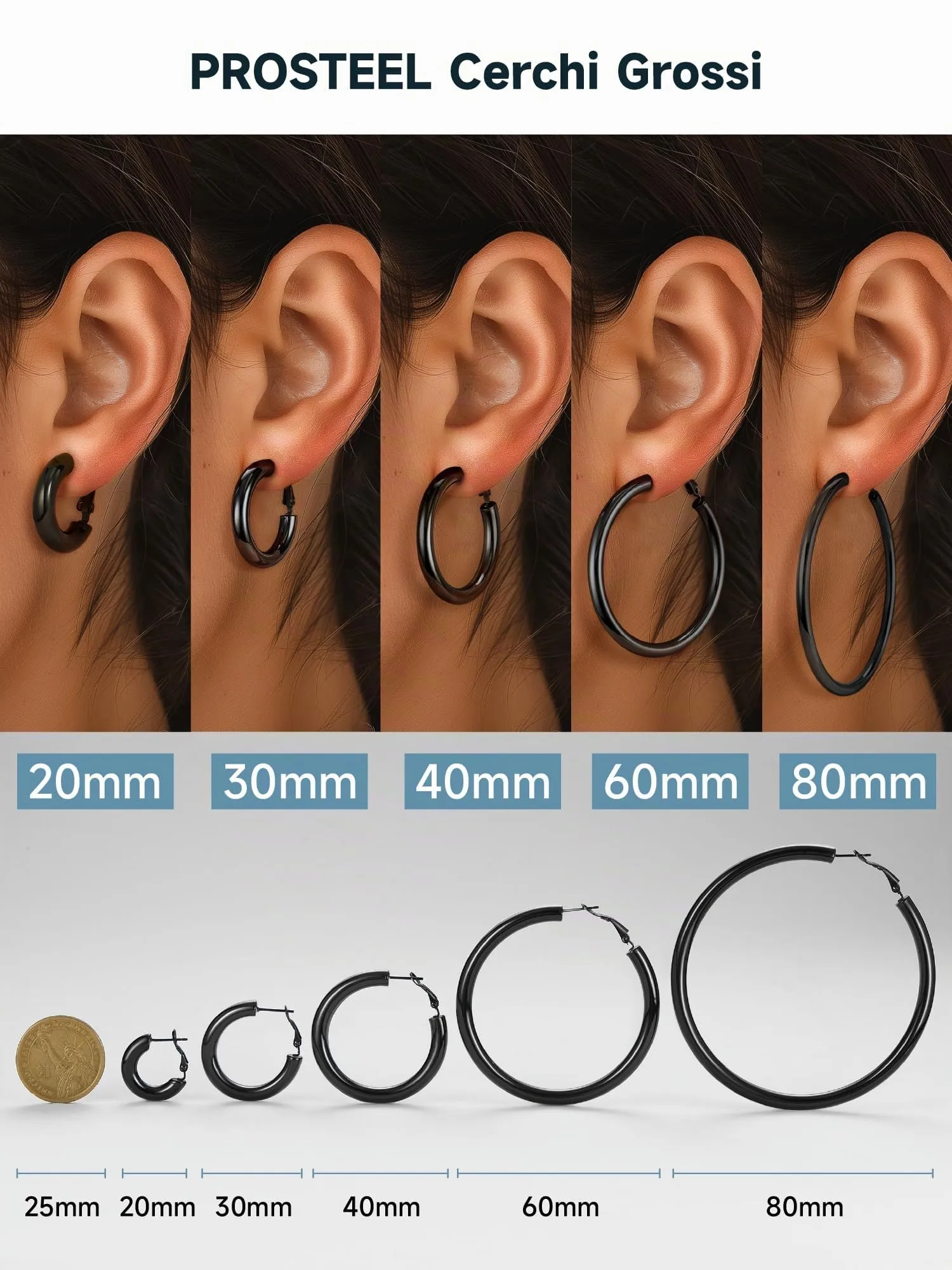 PROSTEEL Orecchini a Cerchio, 20MM, Orecchini Donna Nero, Combinazioni di Impilamento, Chiusura Minimalista Linee Morbide, con Confezione Regalo - immagine 5
