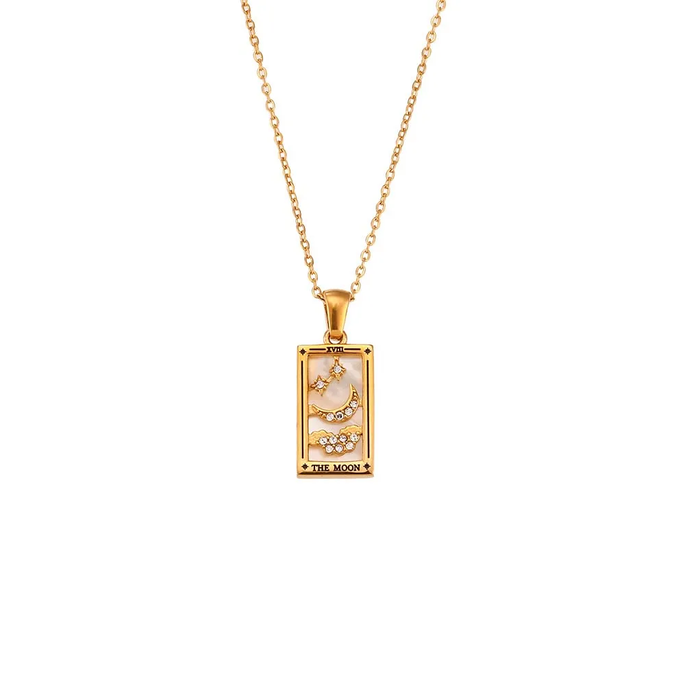 fdsmall Collane da donna, con ciondolo a forma di carta dei tarocchi della costellazione su entrambi i lati, in acciaio inox dorato, con zirconi, gioielli da donna, Non pietra preziosa - immagine 1