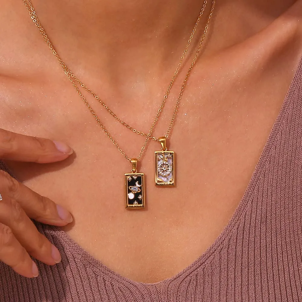 fdsmall Collane da donna, con ciondolo a forma di carta dei tarocchi della costellazione su entrambi i lati, in acciaio inox dorato, con zirconi, gioielli da donna, Non pietra preziosa - immagine 3