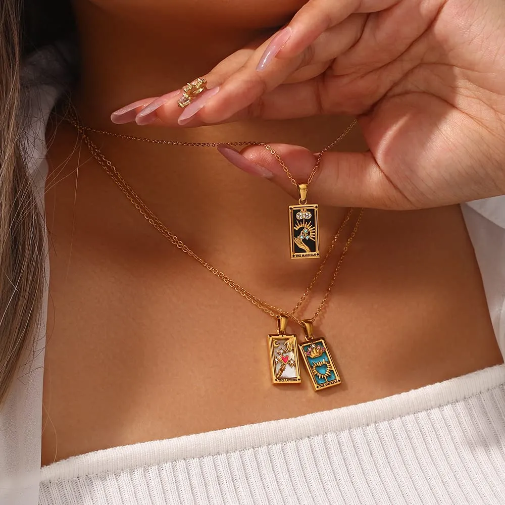 fdsmall Collane da donna, con ciondolo a forma di carta dei tarocchi della costellazione su entrambi i lati, in acciaio inox dorato, con zirconi, gioielli da donna, Non pietra preziosa - immagine 4