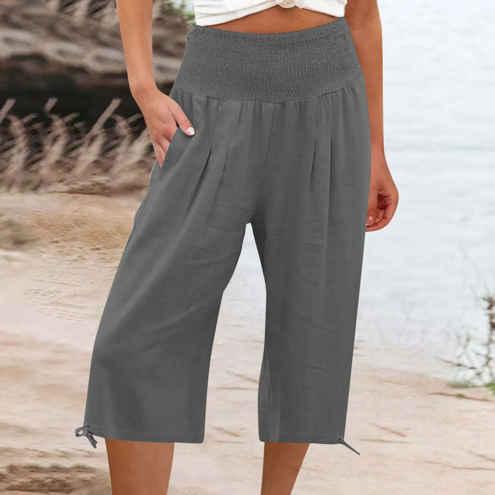 Pantaloni Capri Donna Estivi Curvy Bermuda Cotone E Lino Leggeri Da Donna Pinocchietti Capri Sportivi Casual Pantaloni Cropped Di Lino Spiaggia Pantalone Al Ginocchio Da Corsa Pants Eleganti Baggy - immagine 2