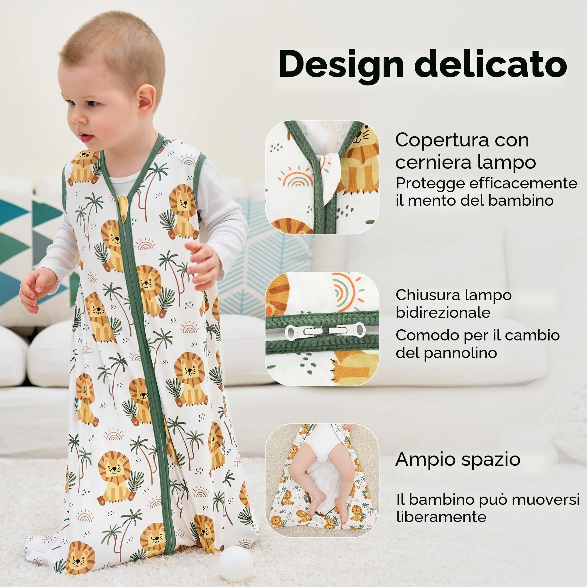 FIEMOL Sacco Nanna 6-12 Mesi 0.5 Tog Sacchi Nanna Cotone, 3 Pack Estate Sacco a Pelo Traspirante per Neonato Coperte Indossabili per Bambini 66-76cm Leone Marrone - immagine 2