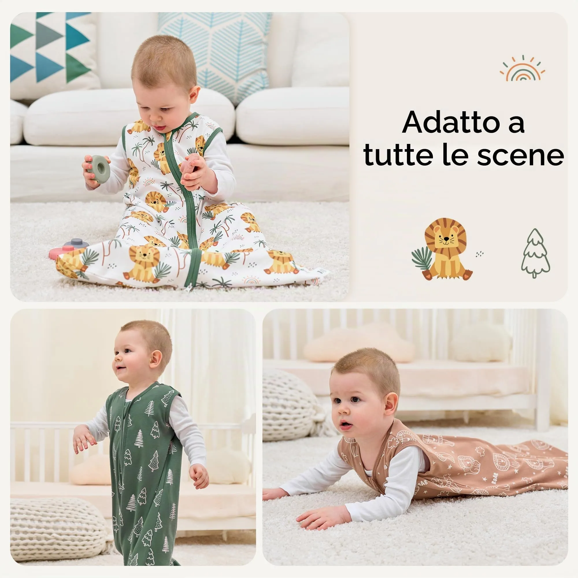 FIEMOL Sacco Nanna 6-12 Mesi 0.5 Tog Sacchi Nanna Cotone, 3 Pack Estate Sacco a Pelo Traspirante per Neonato Coperte Indossabili per Bambini 66-76cm Leone Marrone - immagine 7
