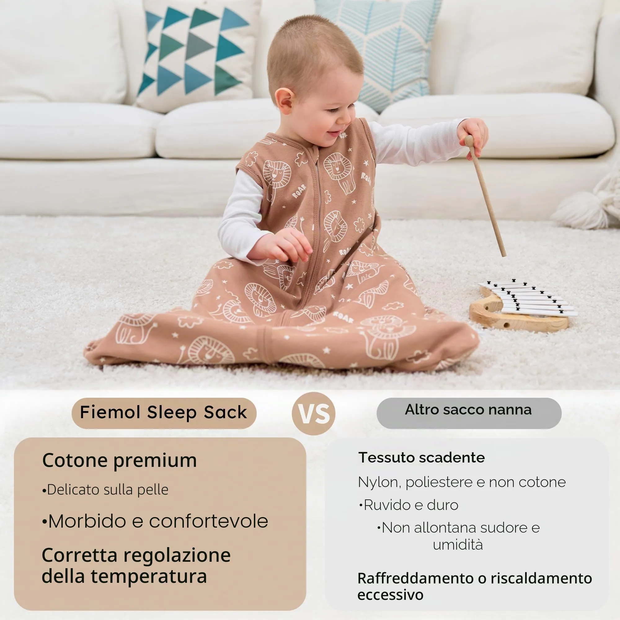 FIEMOL Sacco Nanna 6-12 Mesi 0.5 Tog Sacchi Nanna Cotone, 3 Pack Estate Sacco a Pelo Traspirante per Neonato Coperte Indossabili per Bambini 66-76cm Leone Marrone - immagine 8