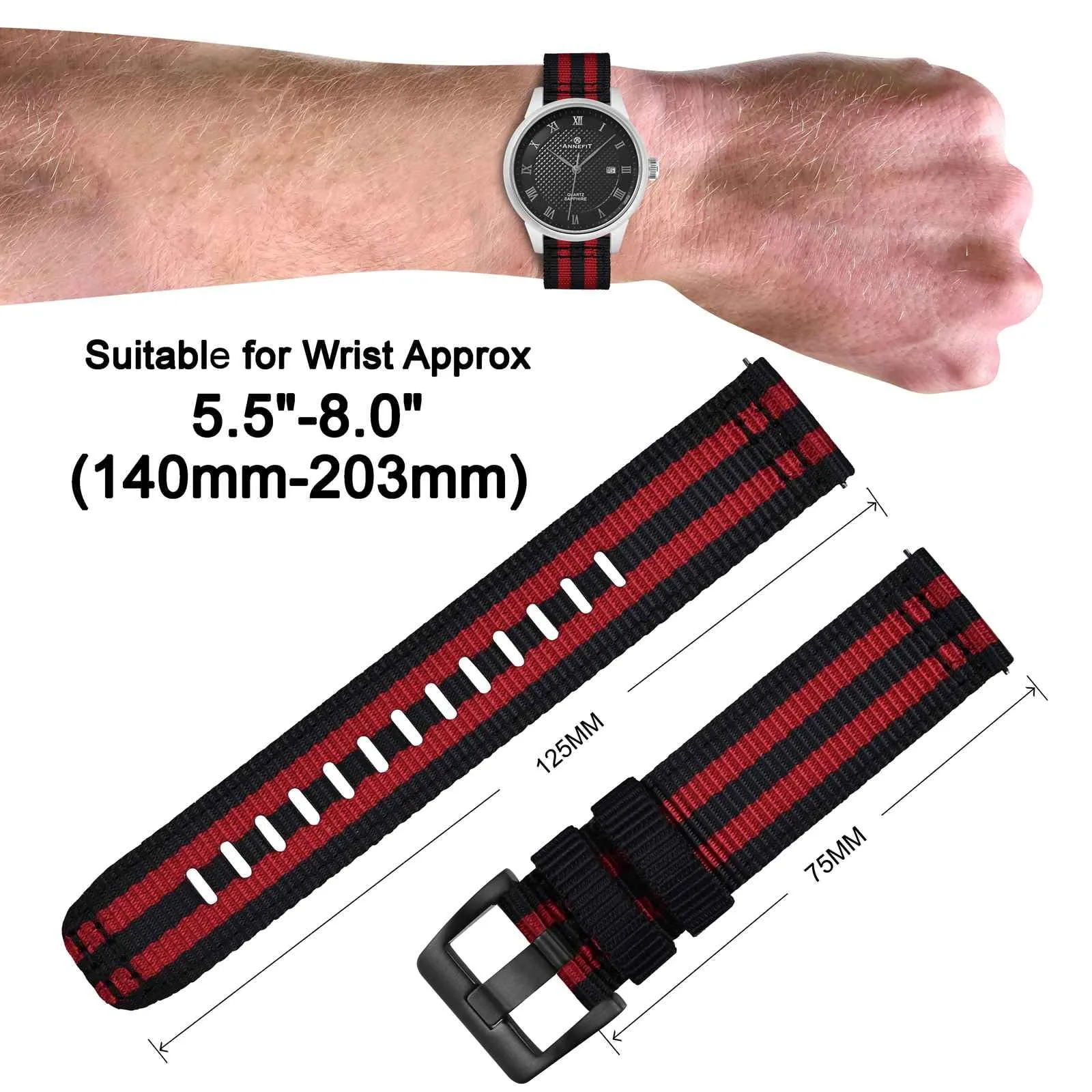 ANNEFIT Cinturino Orologio Nylon 22mm con Fibbia Nera, Cinturini per Orologi Militari a Sgancio Rapido per Uomo Donna (Nero/Rosso) - immagine 4