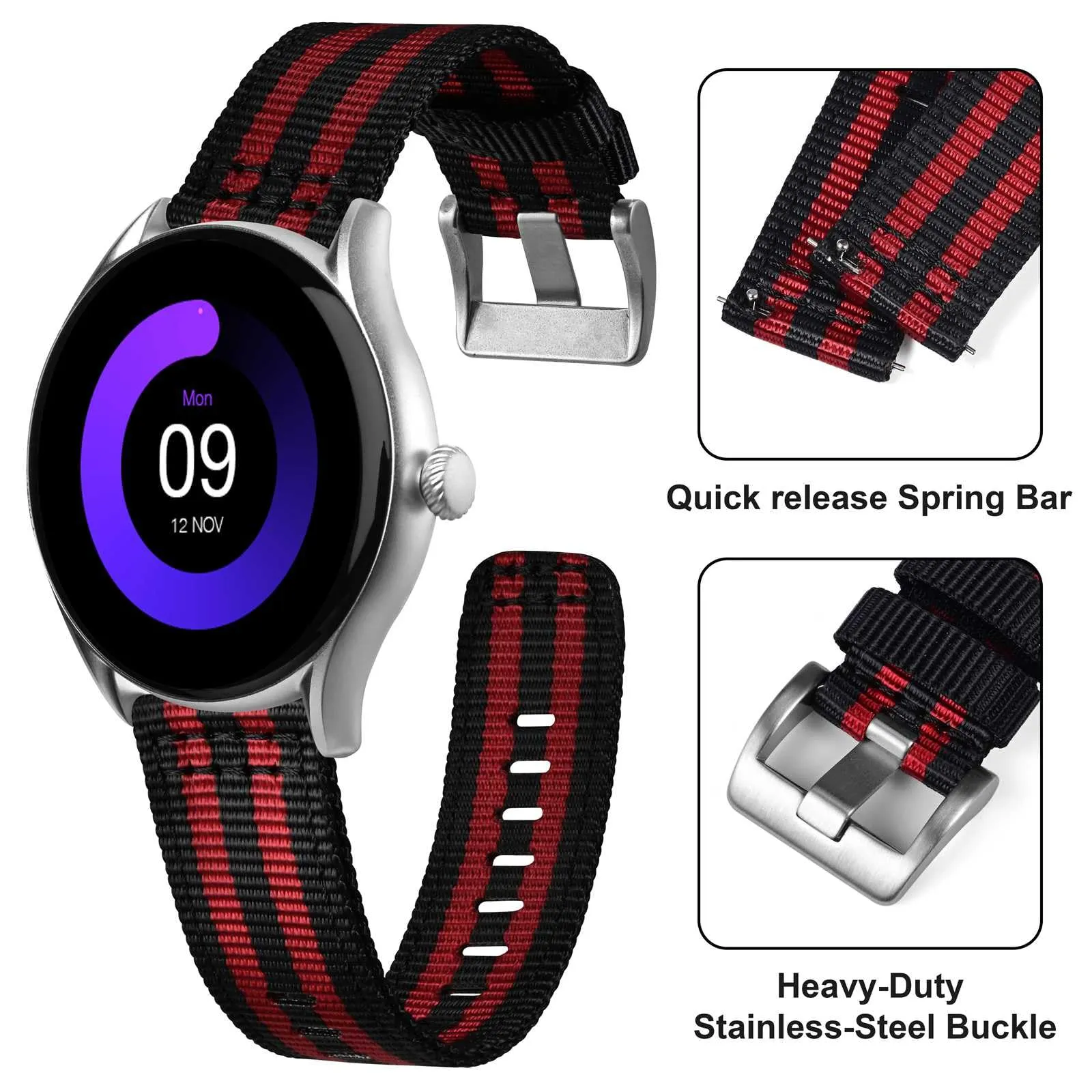 ANNEFIT Cinturino Orologio Nylon 22mm, Cinturini per Orologi Militari a Sgancio Rapido per Uomo Donna (Nero/Rosso) - immagine 3