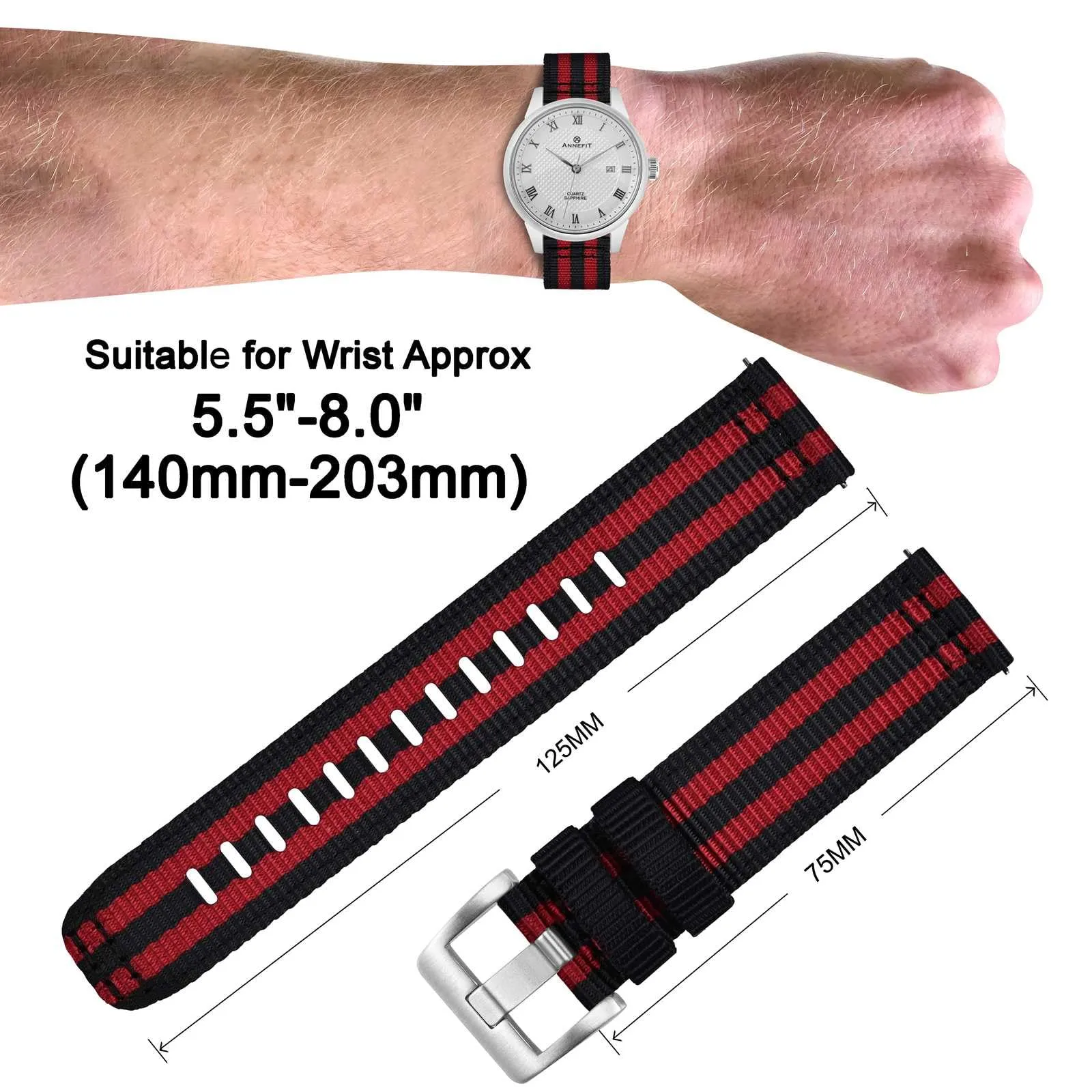 ANNEFIT Cinturino Orologio Nylon 22mm, Cinturini per Orologi Militari a Sgancio Rapido per Uomo Donna (Nero/Rosso) - immagine 4