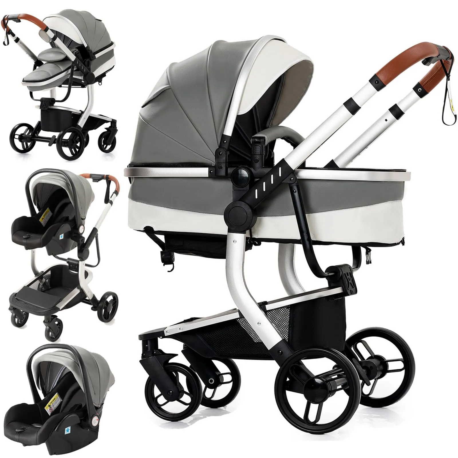 Reenborn Pelle PU Passeggino Trio, Passeggino 3 in 1 con Due Modi Reversibili Spingere, Trio Neonati con Design Pieghevole in Un Clic, Telaio Alluminio Paesaggistico Alto (518 Grey) - immagine 1
