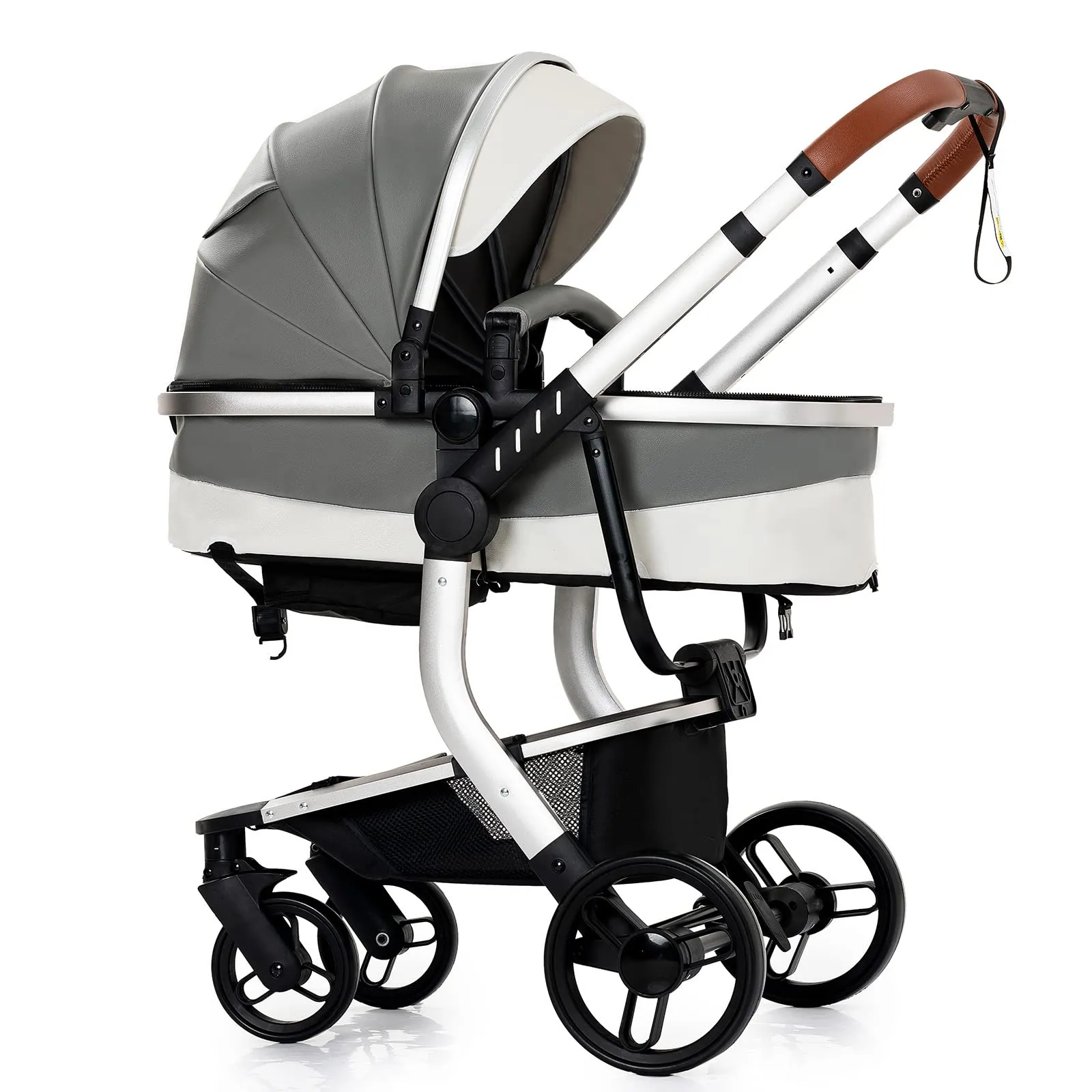 Reenborn Pelle PU Passeggino Trio, Passeggino 3 in 1 con Due Modi Reversibili Spingere, Trio Neonati con Design Pieghevole in Un Clic, Telaio Alluminio Paesaggistico Alto (518 Grey) - immagine 8