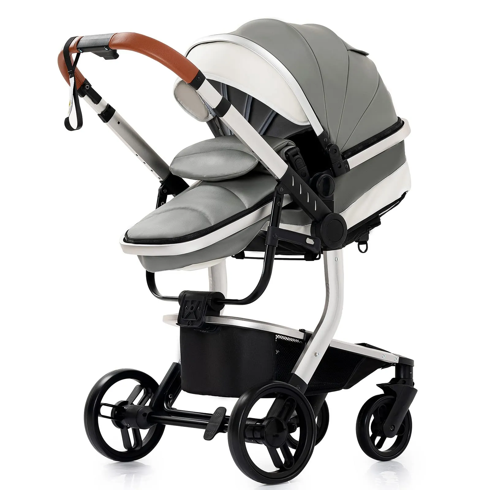 Reenborn Pelle PU Passeggino Trio, Passeggino 3 in 1 con Due Modi Reversibili Spingere, Trio Neonati con Design Pieghevole in Un Clic, Telaio Alluminio Paesaggistico Alto (518 Grey) - immagine 9