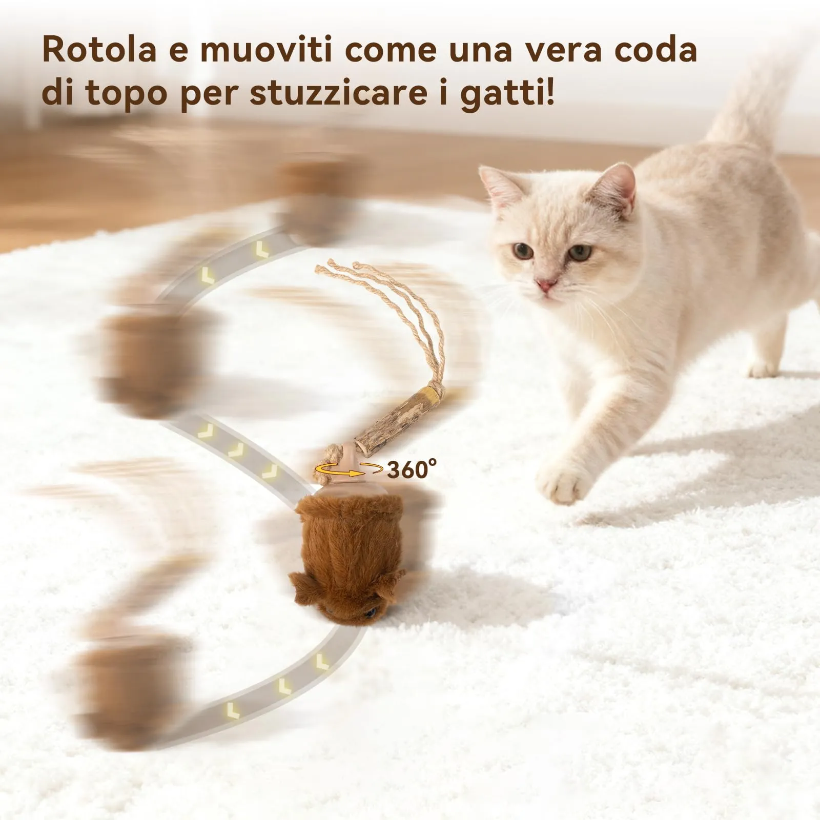 Migipaws Giocattolo interattivo per gatti, topolino elettrico che rotola con bastoncino alla catnip che oscilla, sensore intelligente, cigolio, giocattolo ricaricabile per gatti - immagine 2