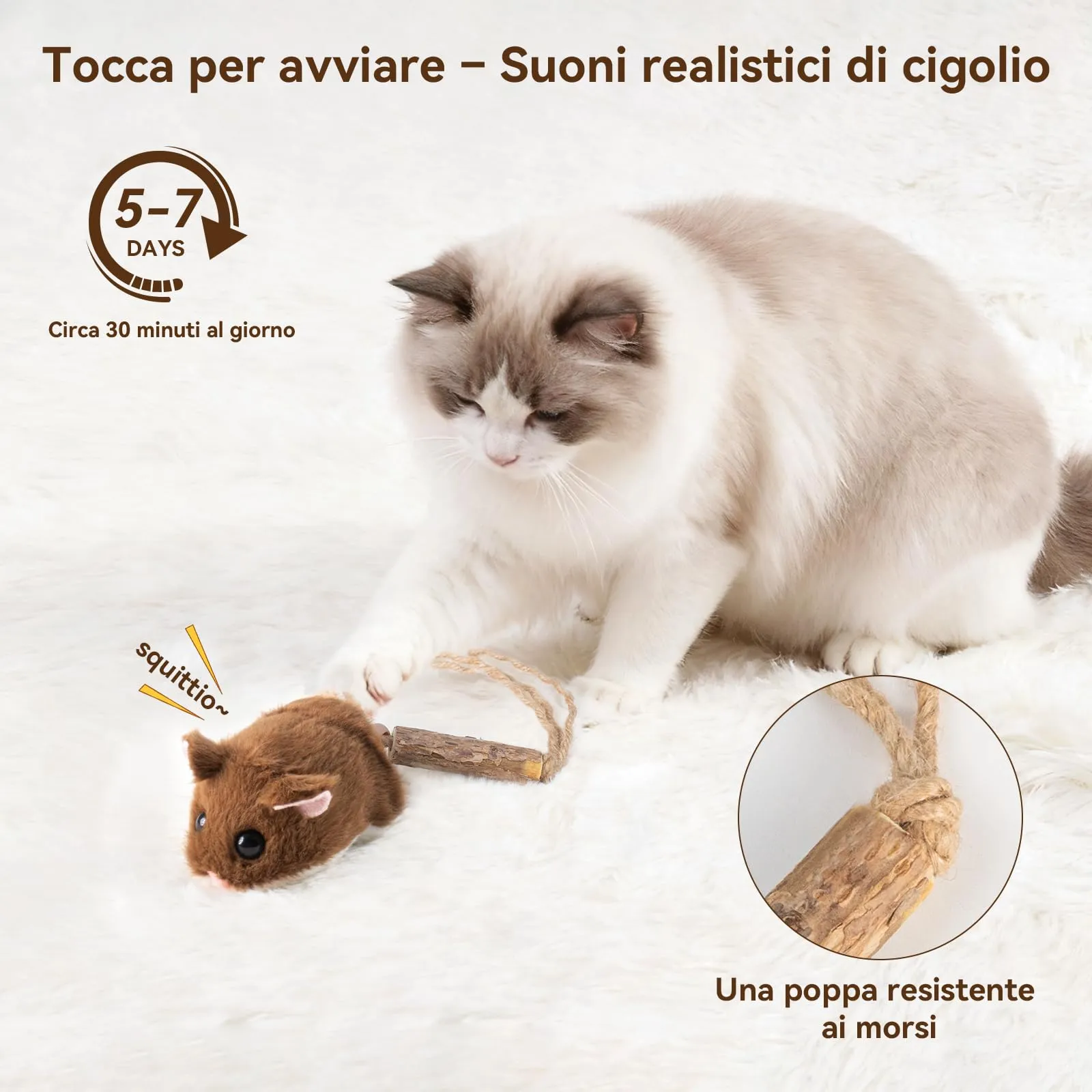 Migipaws Giocattolo interattivo per gatti, topolino elettrico che rotola con bastoncino alla catnip che oscilla, sensore intelligente, cigolio, giocattolo ricaricabile per gatti - immagine 3