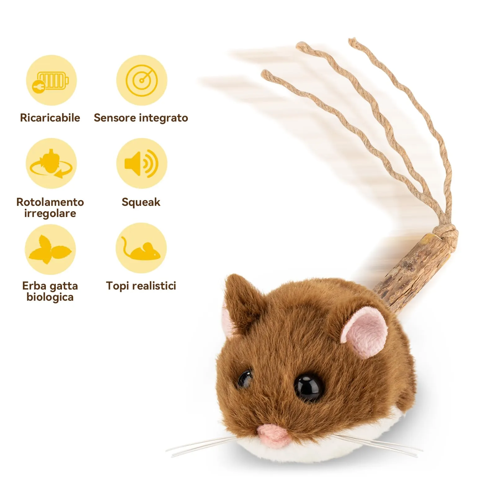 Migipaws Giocattolo interattivo per gatti, topolino elettrico che rotola con bastoncino alla catnip che oscilla, sensore intelligente, cigolio, giocattolo ricaricabile per gatti - immagine 4
