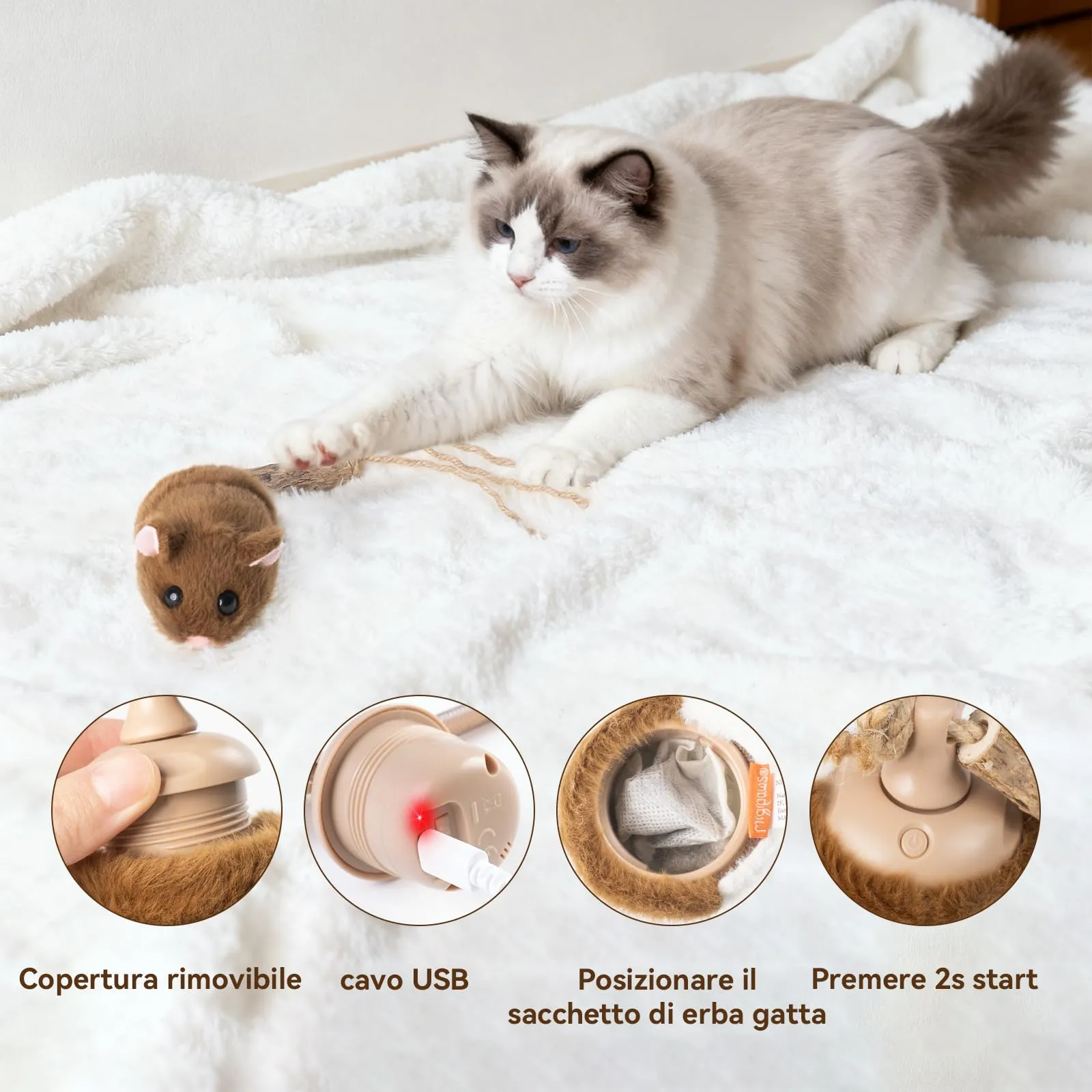 Migipaws Giocattolo interattivo per gatti, topolino elettrico che rotola con bastoncino alla catnip che oscilla, sensore intelligente, cigolio, giocattolo ricaricabile per gatti - immagine 6