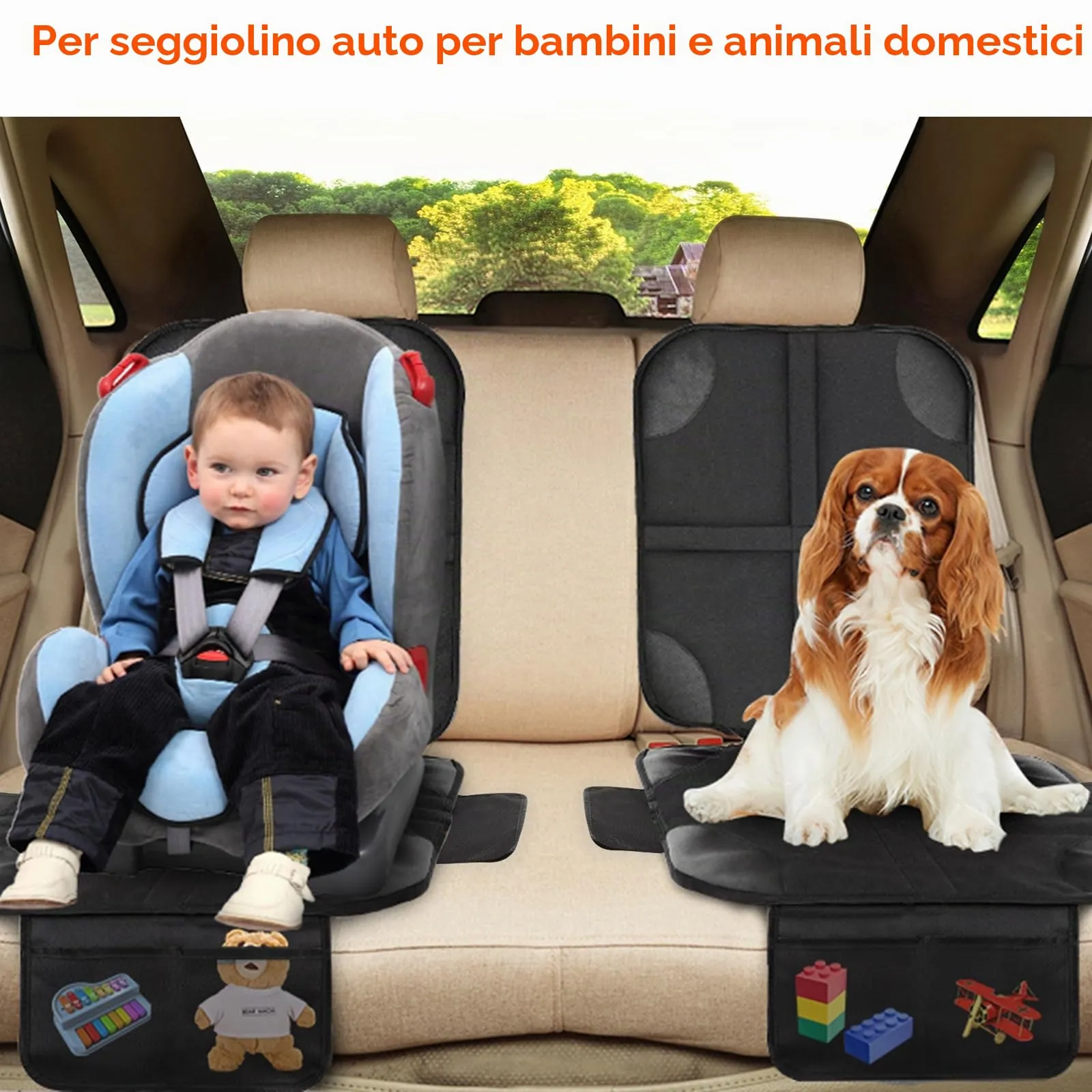 Cozary Protezione Sedile Auto – Impermeabile e Facile da Pulire, Protezione Sedile Posteriore per Seggiolino, Ovetto e Rialzo, con Tasche Portaoggetti, Set da 2 - immagine 3