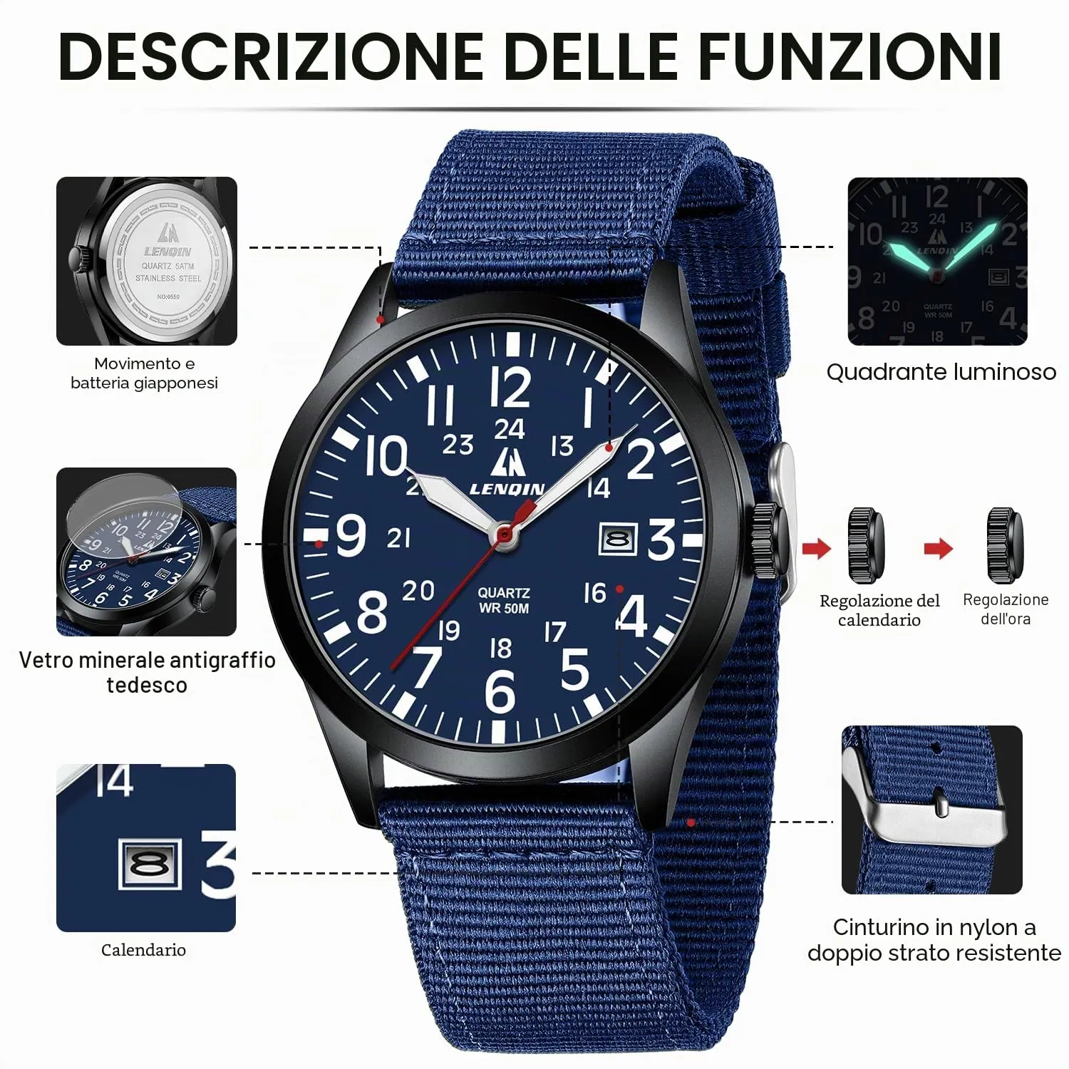LN LENQIN Orologio Uomo Militare Analogico Quarzo Nylon Datario 3ATM - immagine 7