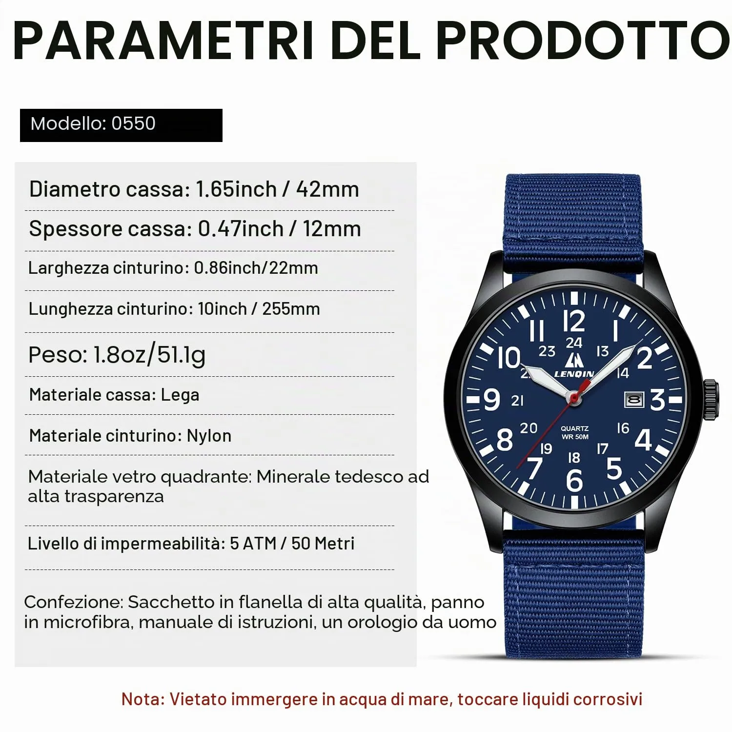 LN LENQIN Orologio Uomo Militare Analogico Quarzo Nylon Datario 3ATM - immagine 8