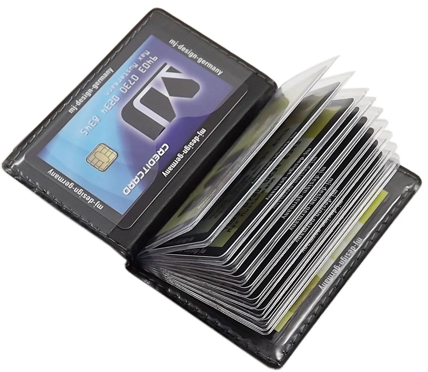 myledershop Porta carte di credito con 12 scomparti MJ-Design-Germany Made in UE in diversi colori e designs (Design 1 / Nero) - immagine 3