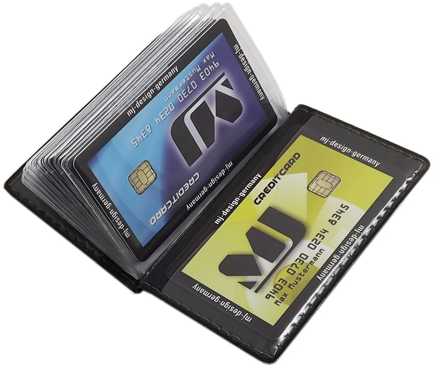 myledershop Porta carte di credito con 12 scomparti MJ-Design-Germany Made in UE in diversi colori e designs (Design 1 / Nero) - immagine 5