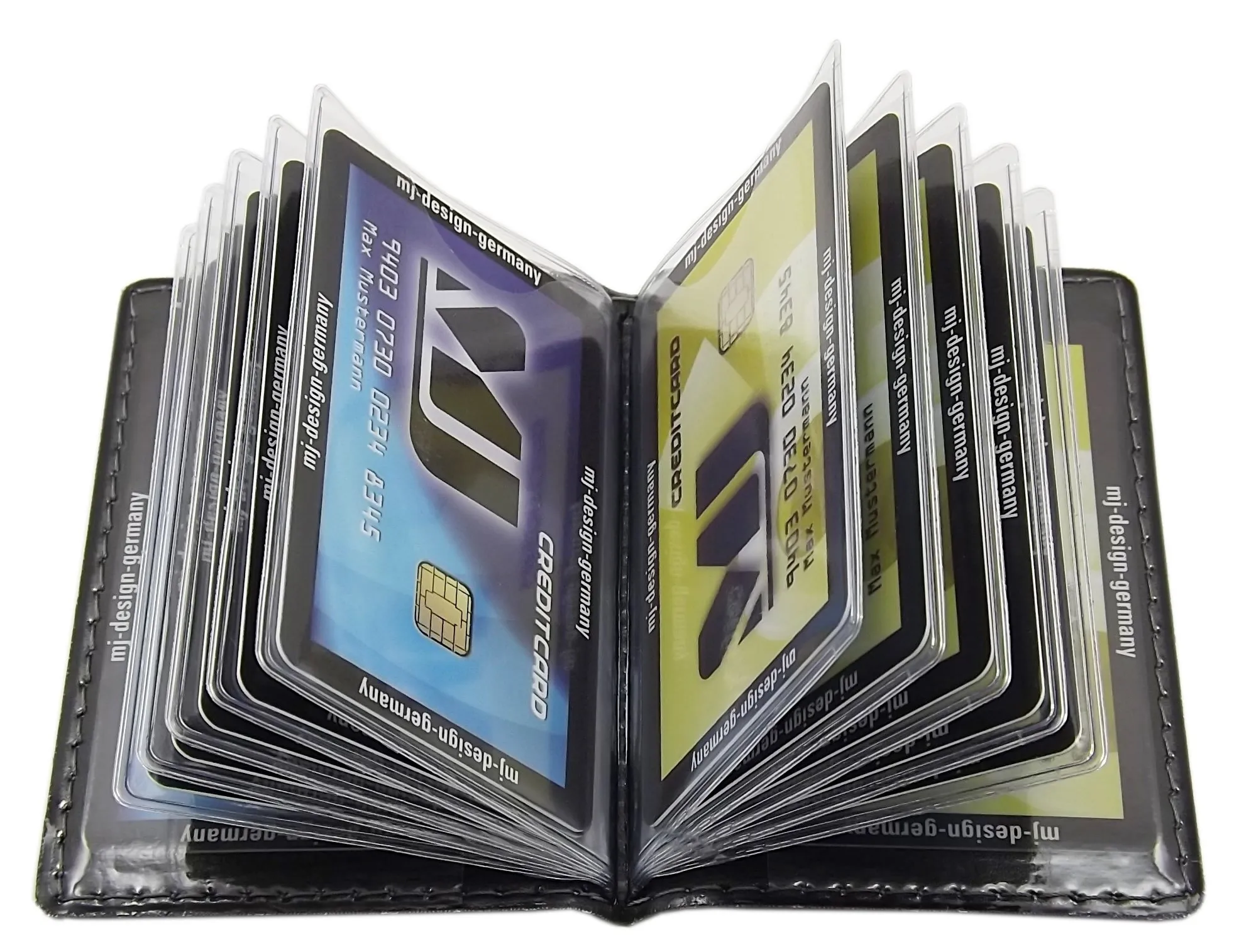 myledershop Porta carte di credito con 12 scomparti MJ-Design-Germany Made in UE in diversi colori e designs (Design 2 / Nero) - immagine 4