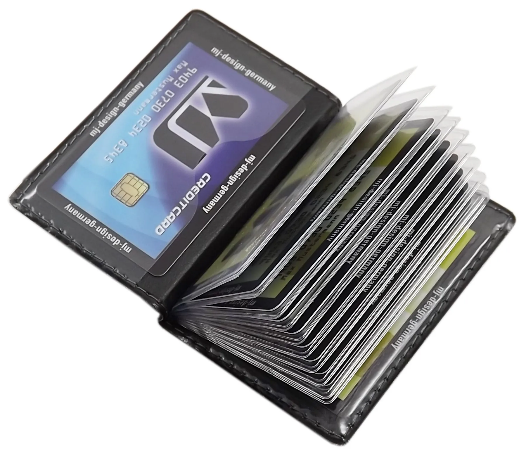 myledershop Porta carte di credito con 12 scomparti MJ-Design-Germany Made in UE in diversi colori e designs (Design 5 / Nero) - immagine 3