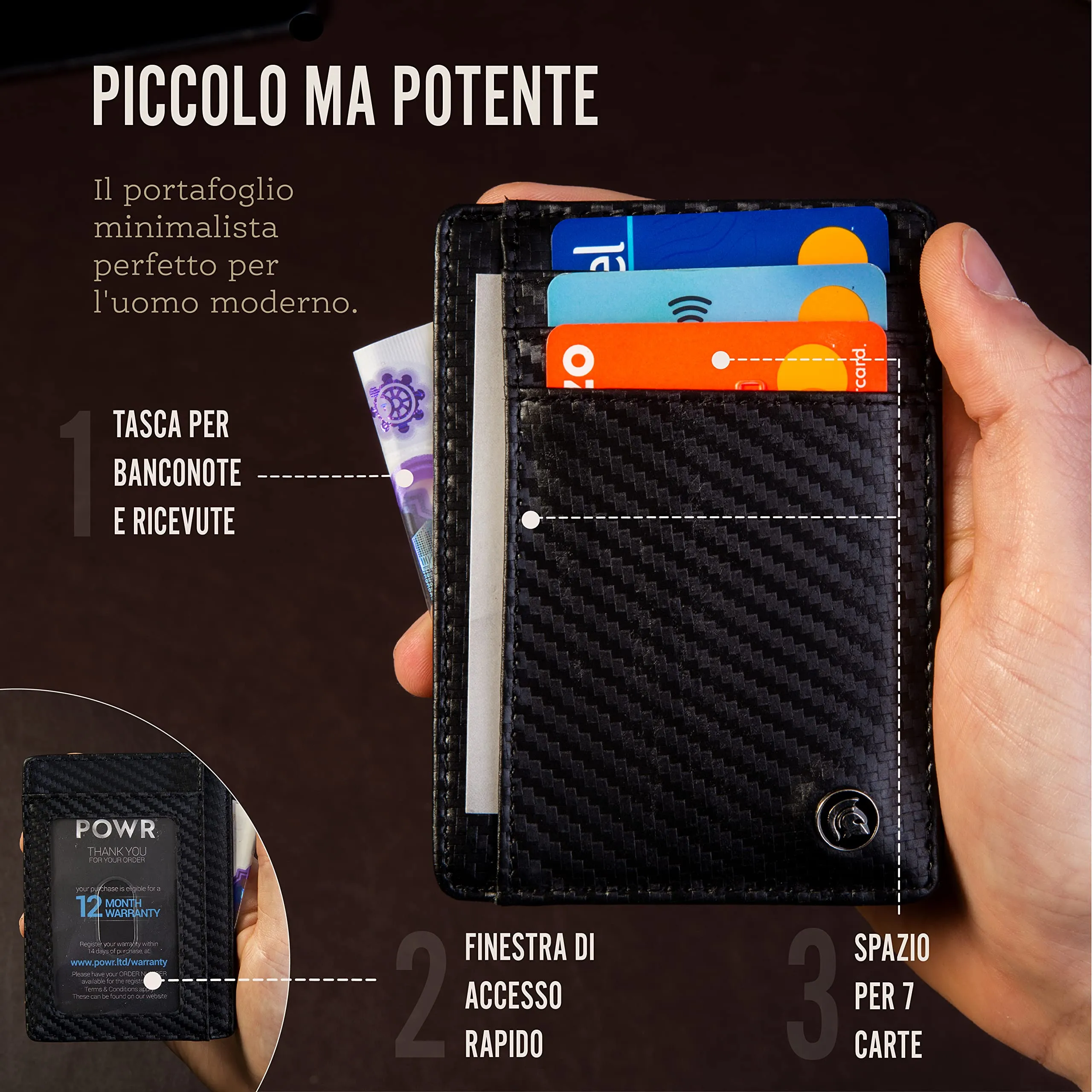 POWR - Portatessere Uomo - Portafoglio Uomo Slim - Porta Badge RFID - Porta Carte Di Credito Uomo - Mini Wallet Tascabile - Portaschede Sottile - Smart Card Holder Wallet - immagine 4