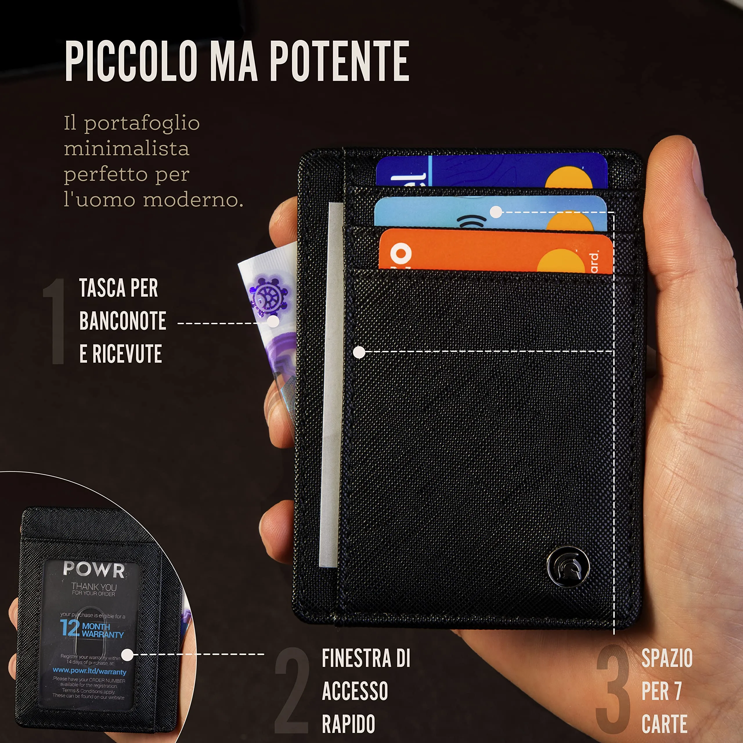 POWR - Portatessere Uomo - Portafoglio Uomo Slim - Porta Badge RFID - Porta Carte Di Credito Uomo - Mini Wallet Tascabile - Portaschede Sottile - Smart Card Holder Wallet - immagine 4