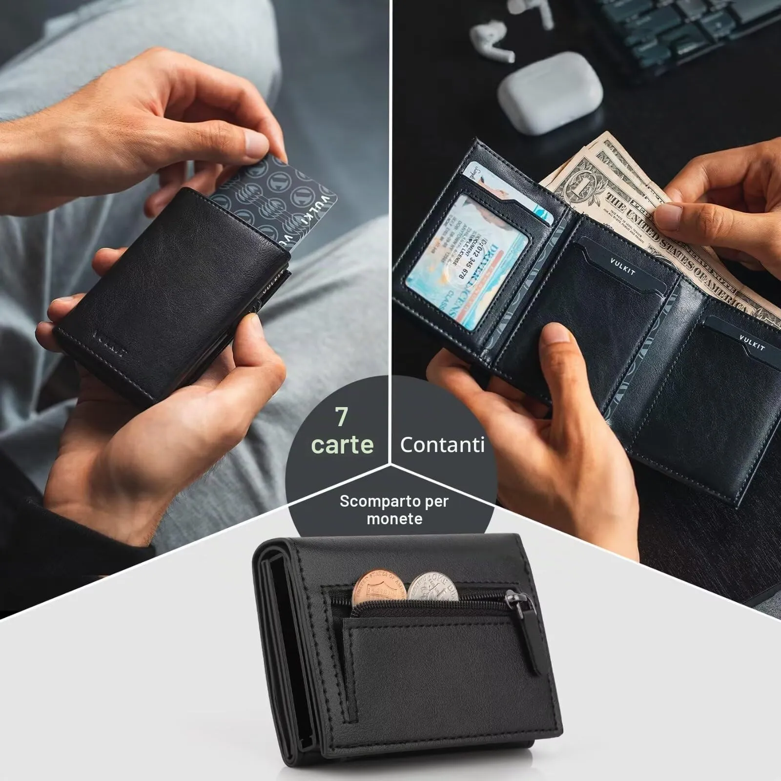 IceReco Portafoglio Uomo Con Portamonete, Mini Protezione RFID, Slim in Pelle Vera Nero, Piccolo Pinko Magnetico per Credito Carte Lampo Banconote - immagine 2