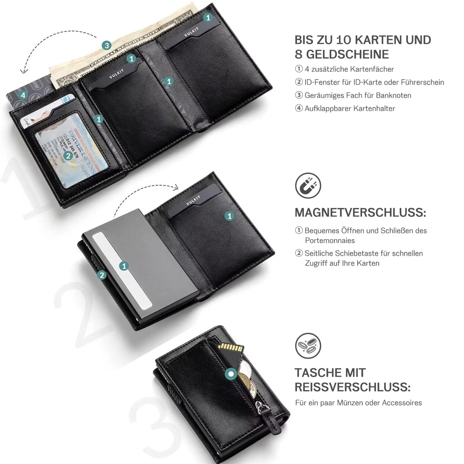 IceReco Portafoglio Uomo Con Portamonete, Mini Protezione RFID, Slim in Pelle Vera Nero, Piccolo Pinko Magnetico per Credito Carte Lampo Banconote - immagine 3